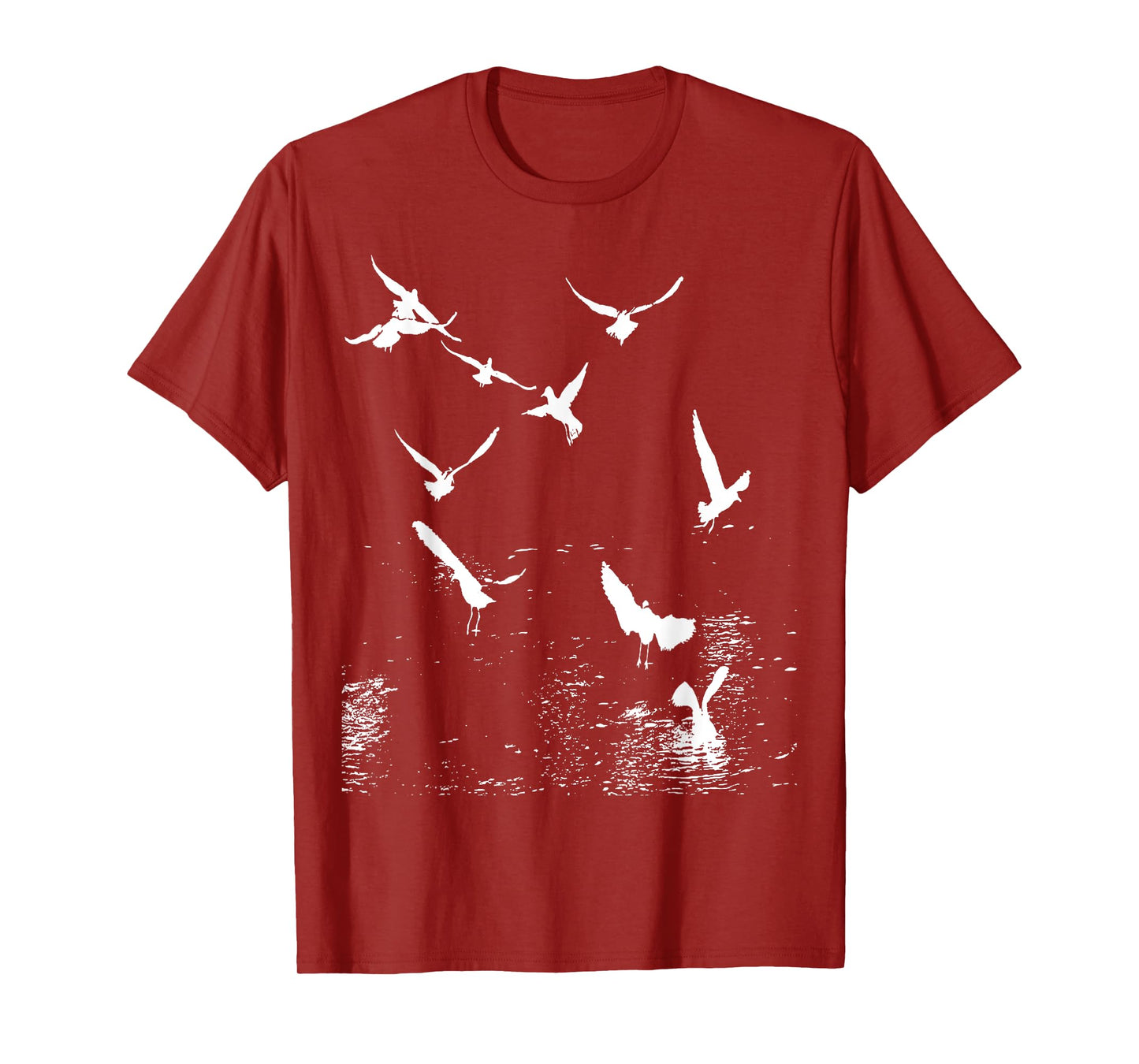 White Silhouette Of A Flock Of Seagulls Over Water T-Shirt