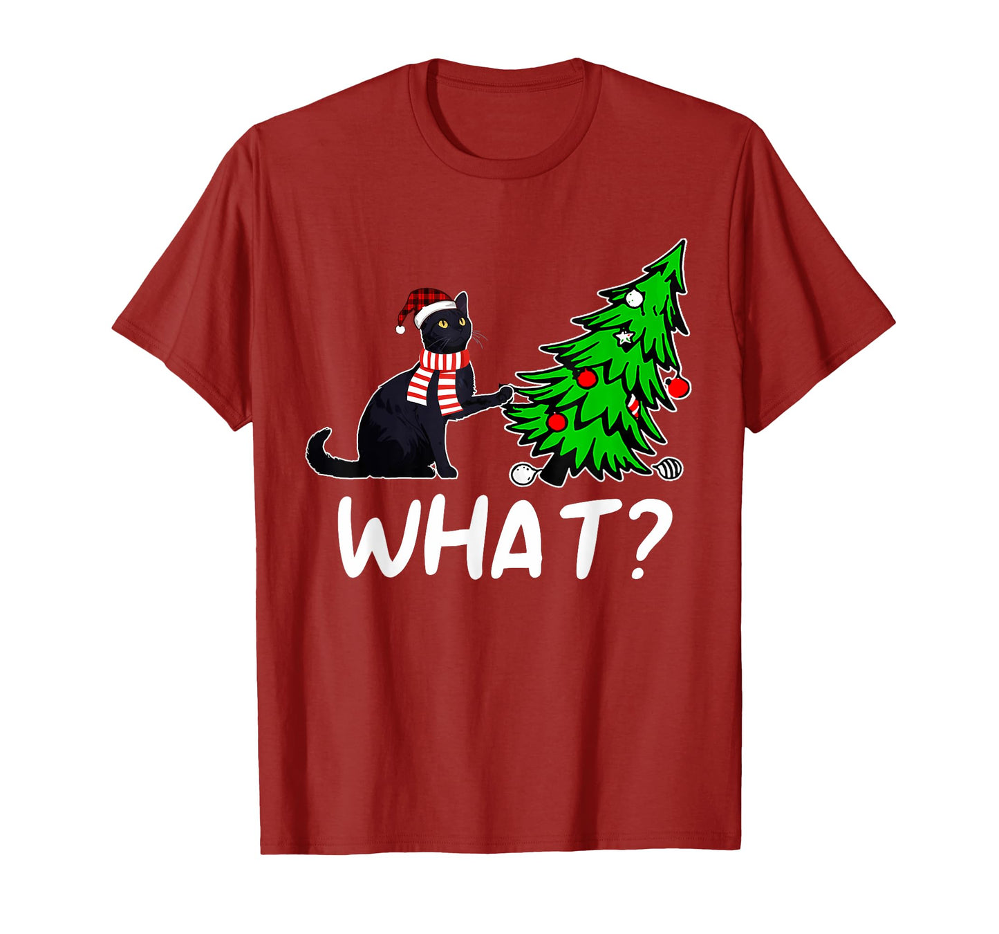 Funny Black Cat Gift Pushing Christmas Tree Over Cat What? T-Shirt