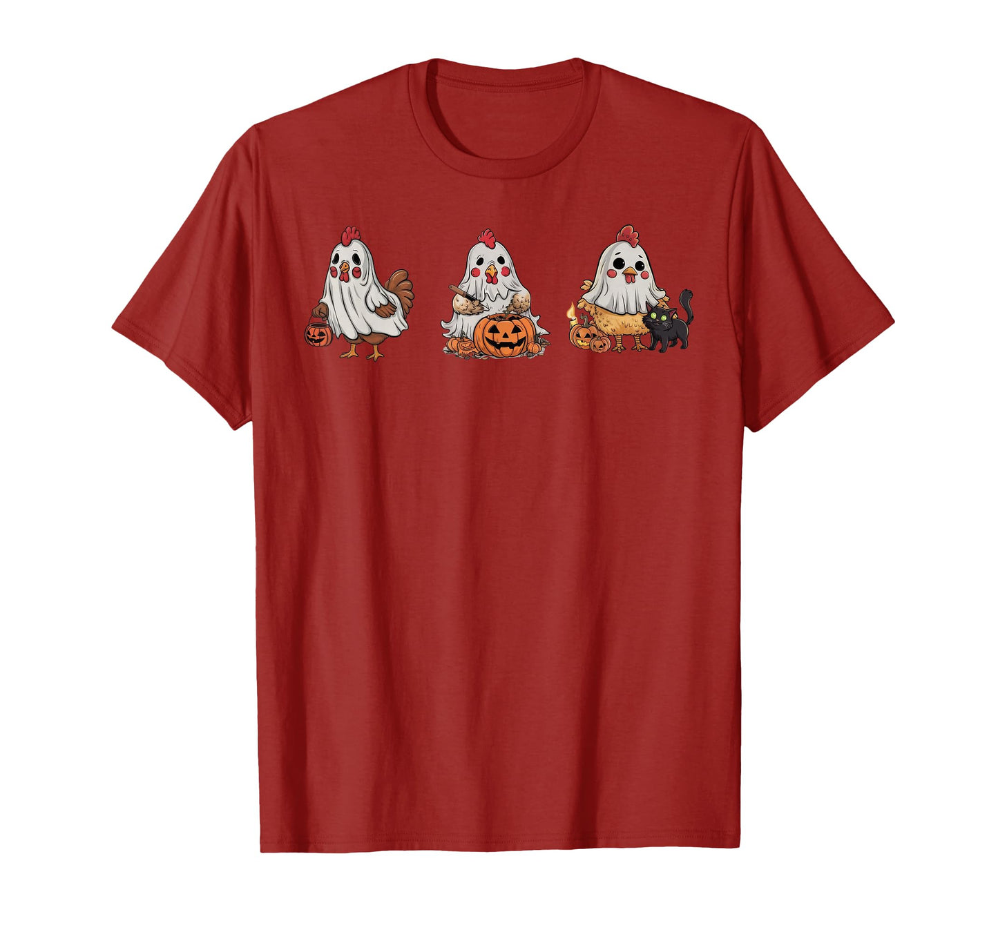 Chickens In Ghost Costume Pumpkin Black Cat Halloween T-Shirt for Men Women Kids