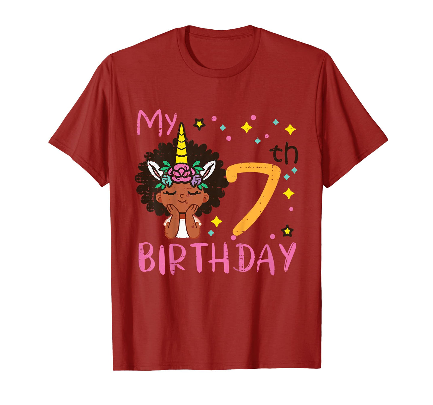 7th Birthday Afro Black Girl Unicorn 7 Year Old Bday Girls T-Shirt