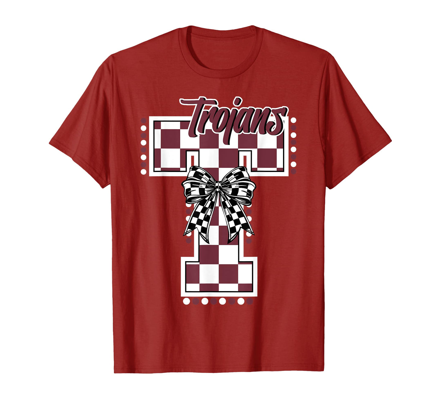 Trojans Checkered Print Trojan Letter Maroon Trojans T-Shirt