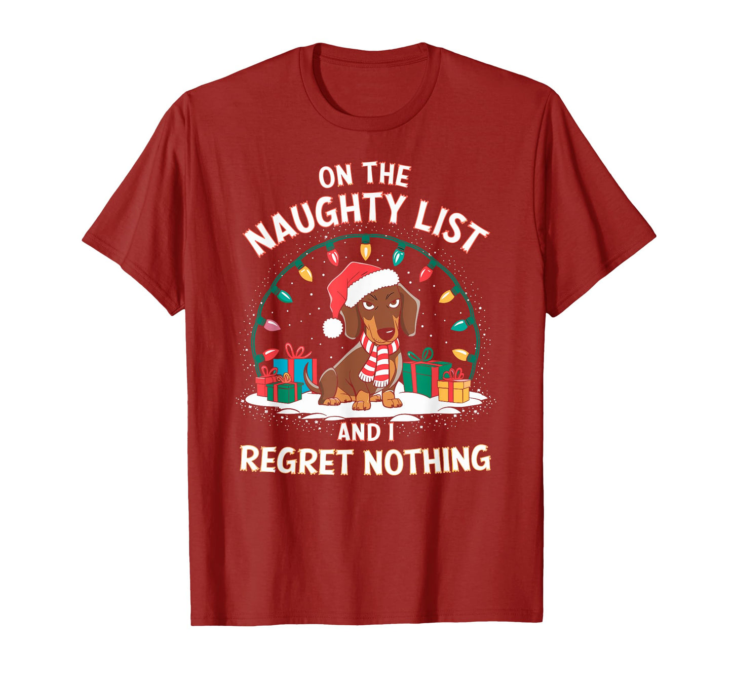 Funny Christmas New Year Xmas Party Christmas Eve Dachshund Christmas T-Shirt - On the Naughty List and I Regret Nothing - Black, Small, Short Sleeve, Unisex-Adult, T-Shirt