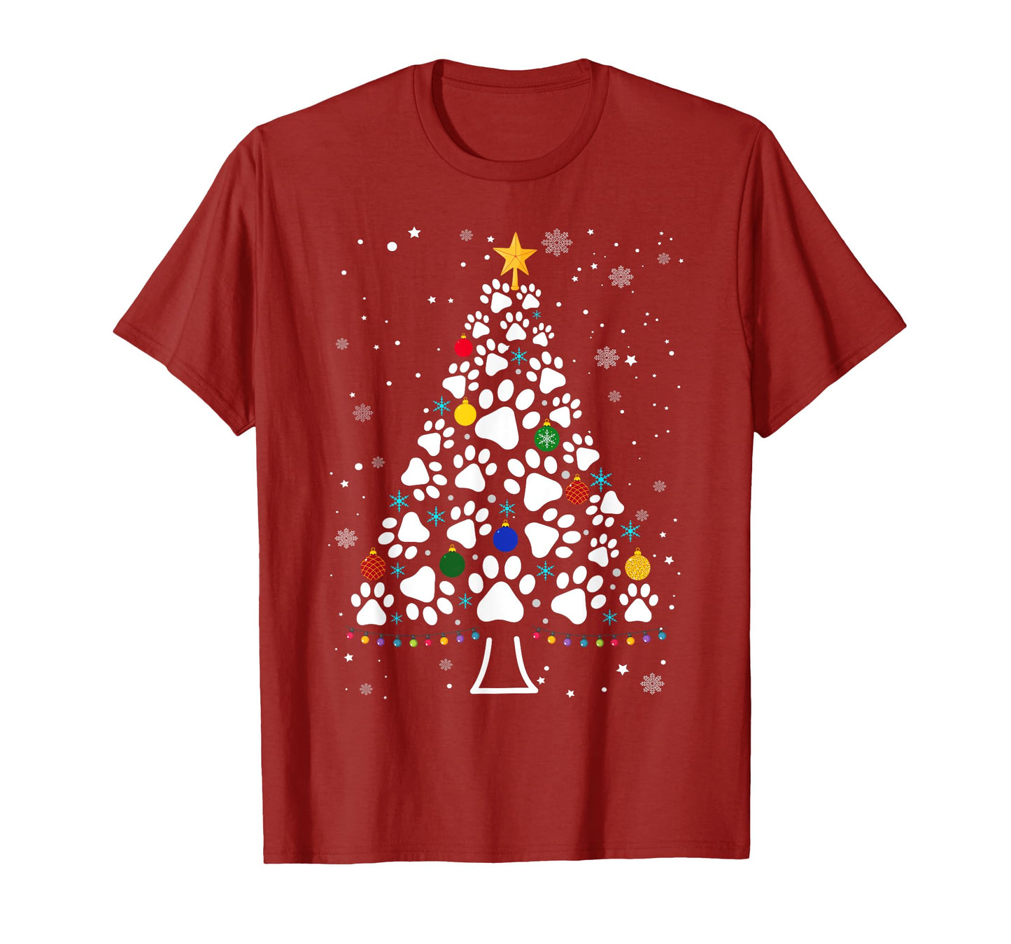 Paw Print Christmas Tree Lights Matching Family Xmas T-Shirt