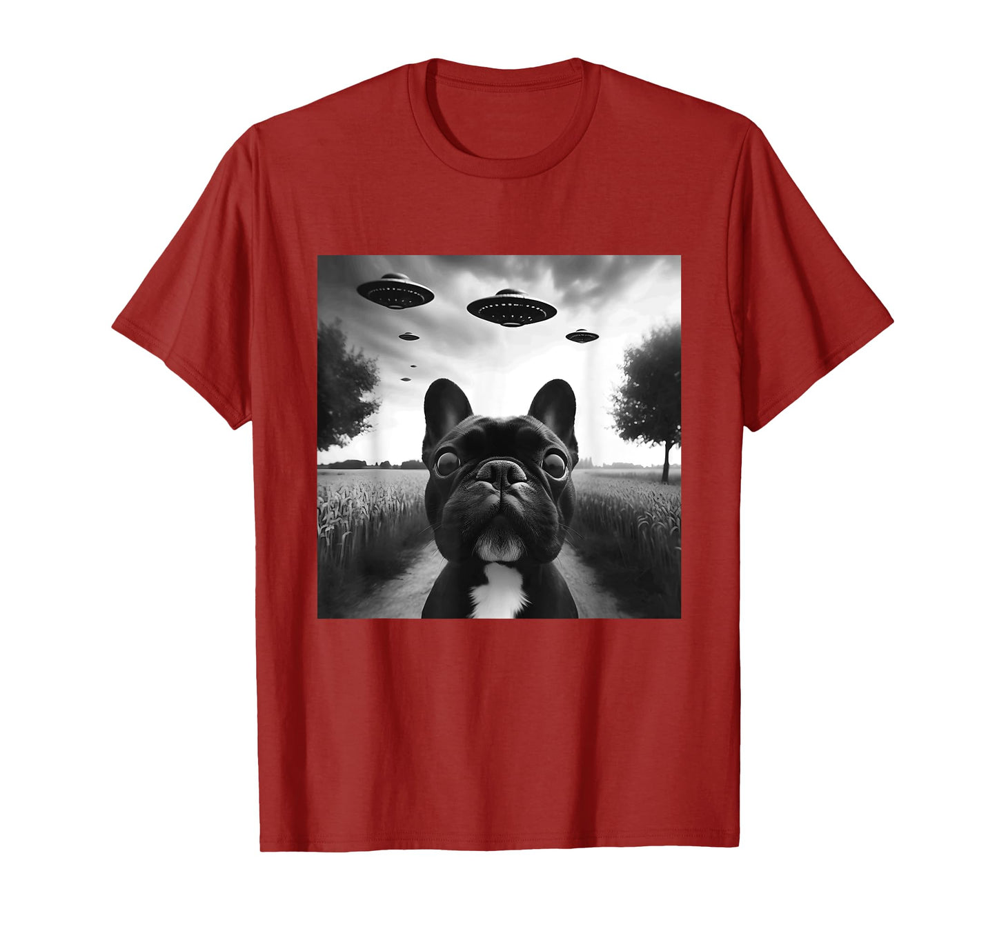 French Bulldog Funny Graphic Selfie with UFOs Weird Aliens T-Shirt
