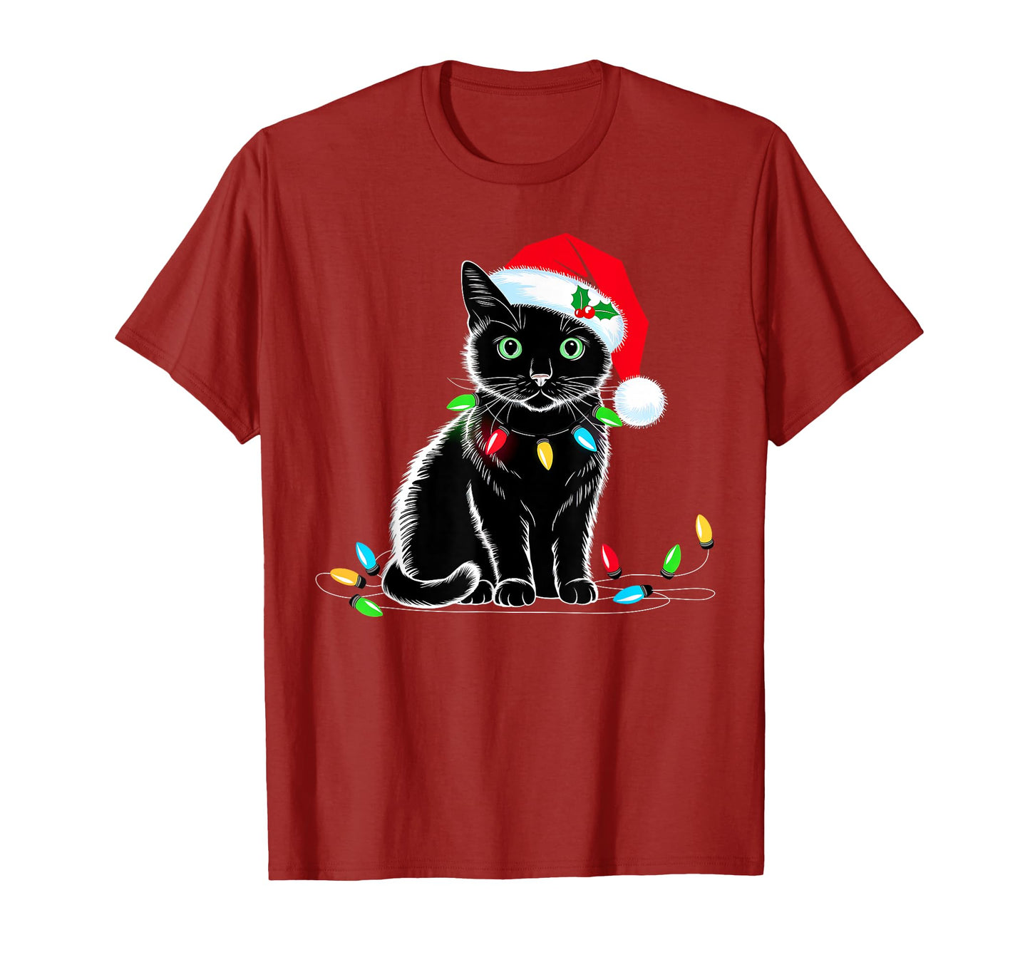 Black Cat Christmas Lights Santa Hat Funny Xmas Cat Lover Men Women Kids T-Shirt