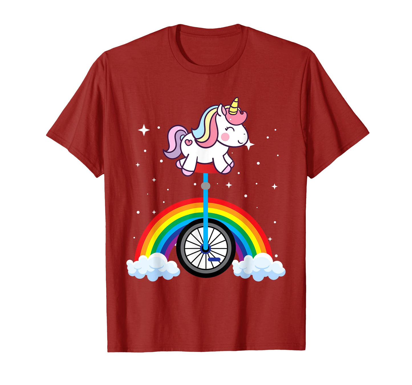 Unicorn Riding Unicycle Boys Girls Women Kids Teens Rainbow T-Shirt