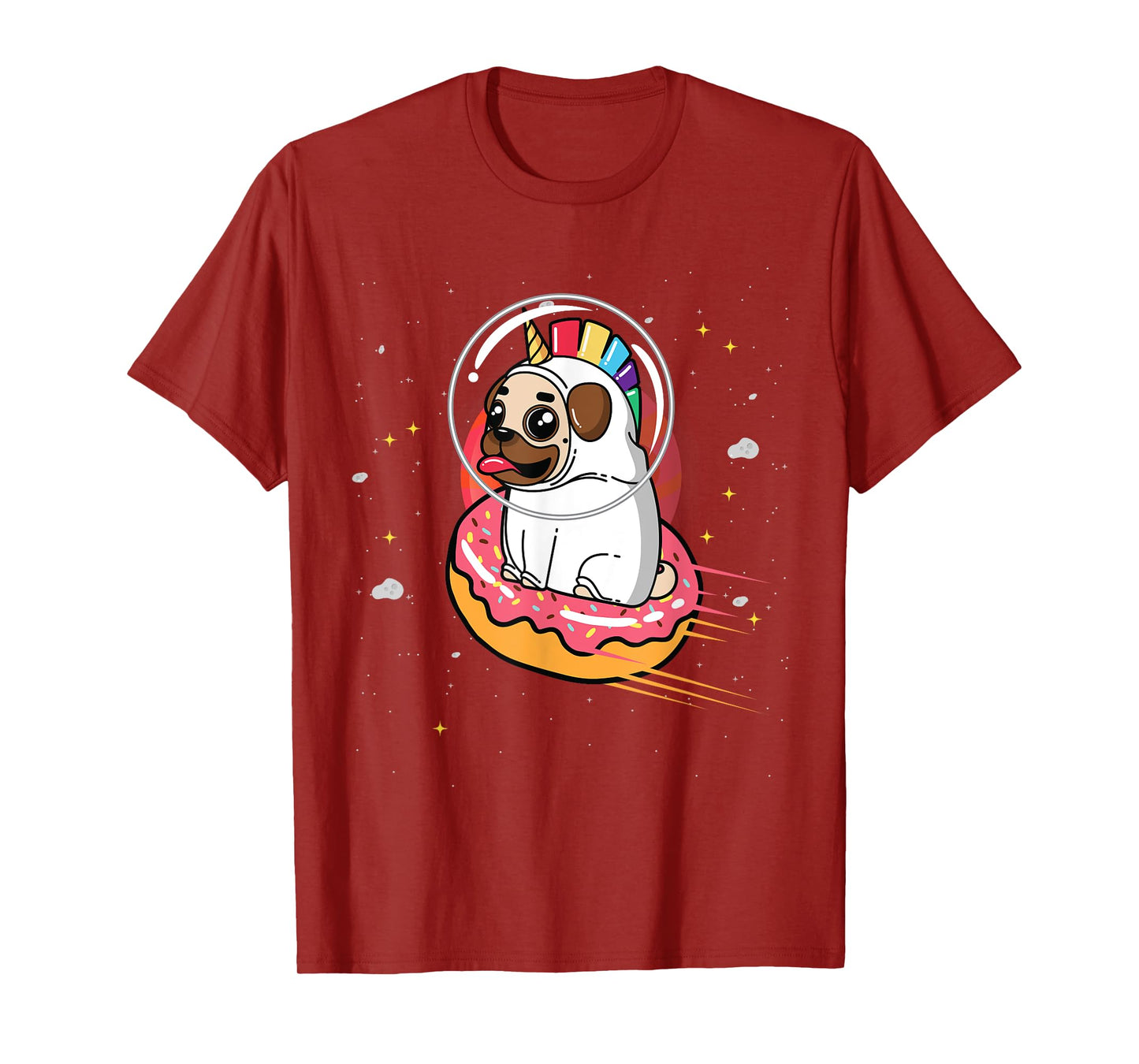 Pug in Rainbow Unicorn Costume riding Donut in Space T-Shirt