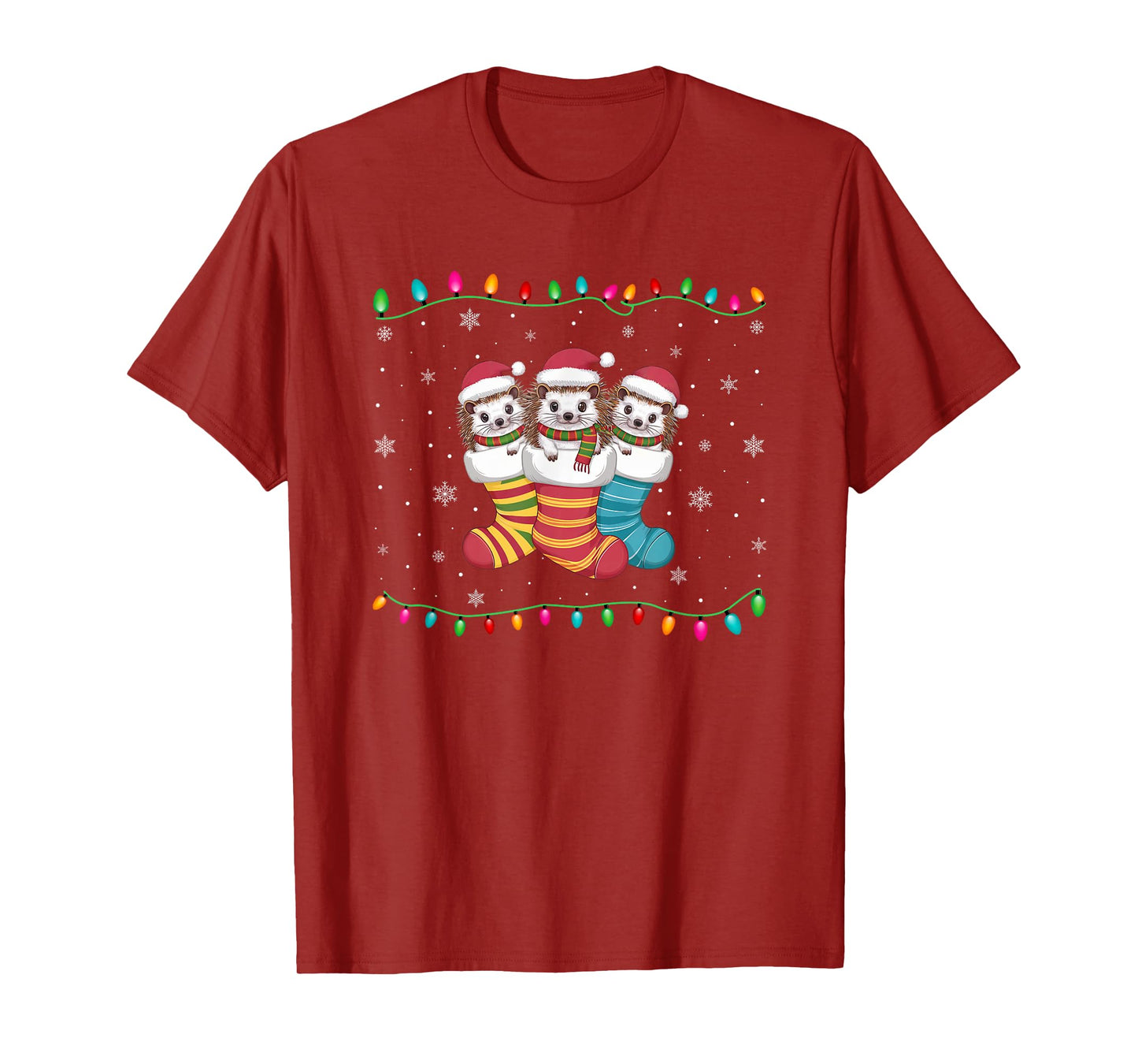 Xmas Tree Lights Funny Hedgehog in Christmas Socks T-Shirt