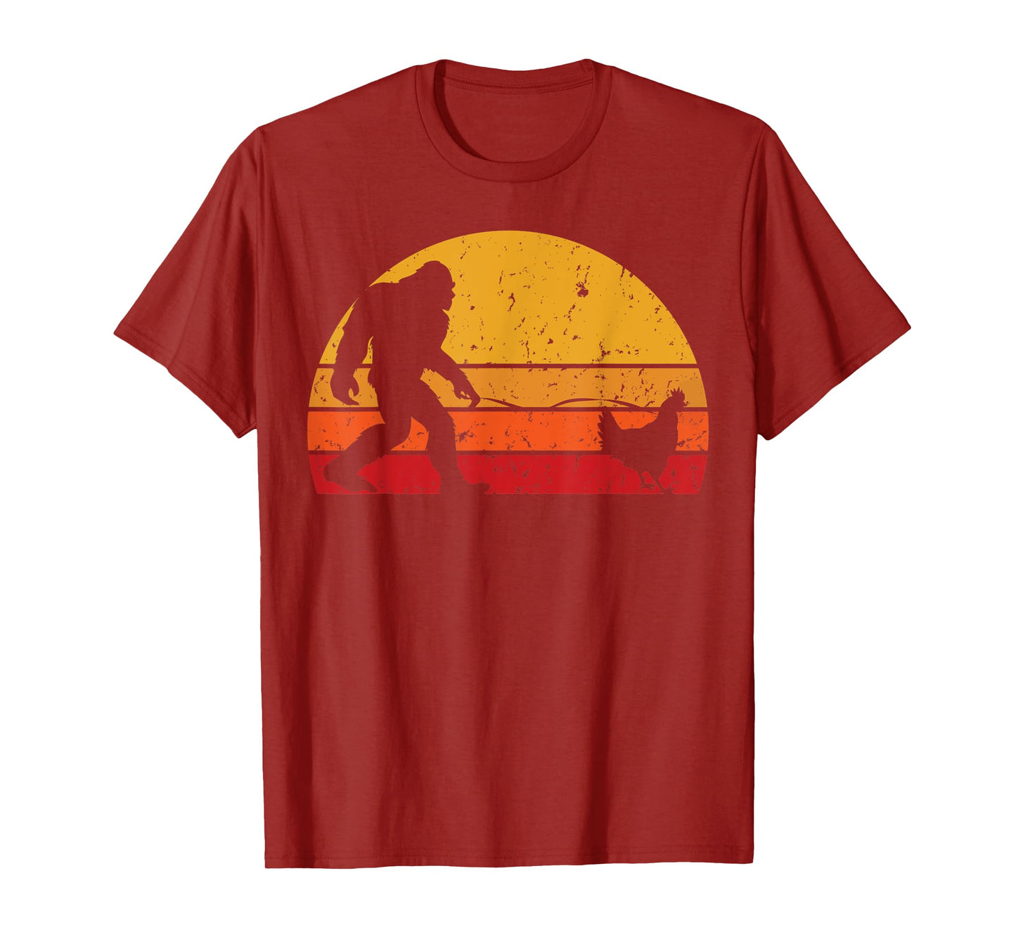 Vintage Sunset Bigfoot Walking Chicken Funny T-Shirt