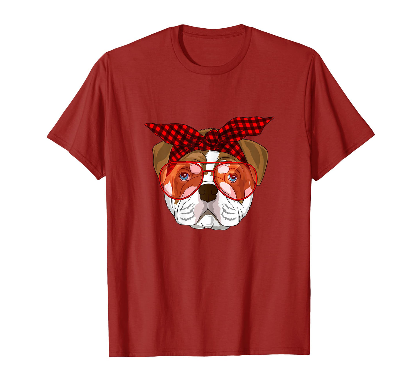 English Bulldog Xmas red plaid bandana Glasses T-Shirt
