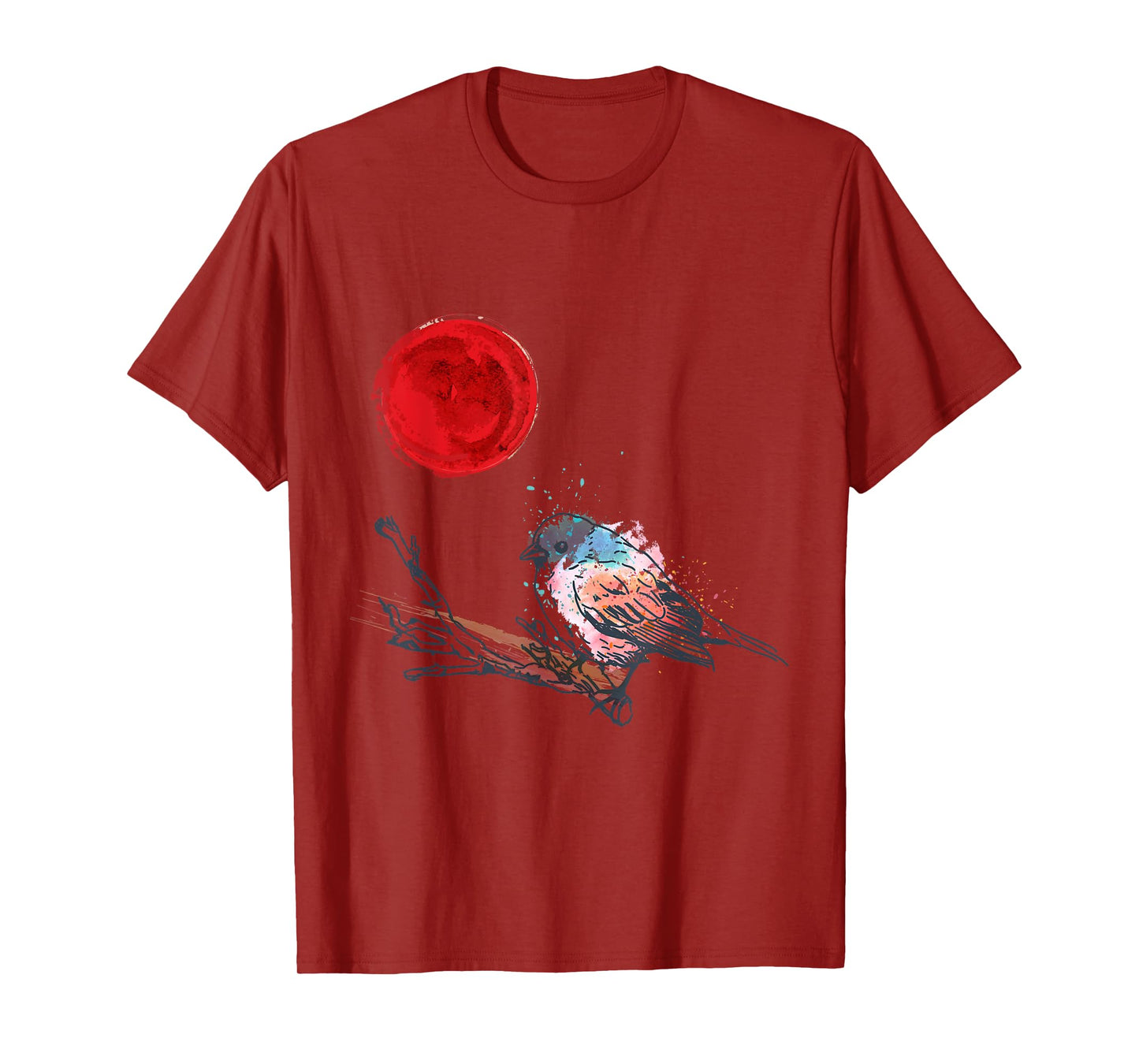 Murakami Birding Retro Colorful Bird Matching Red Moon Style T-Shirt