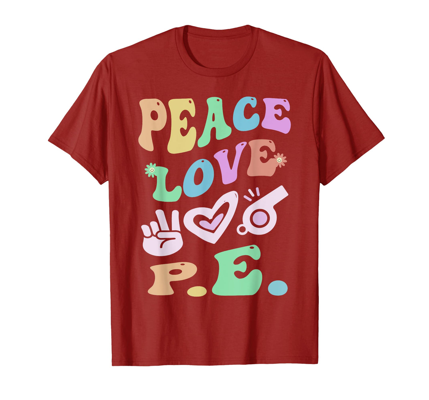 Retro PEACE LOVE P.E Gym Teacher Groovy School Phys Ed Girl T-Shirt