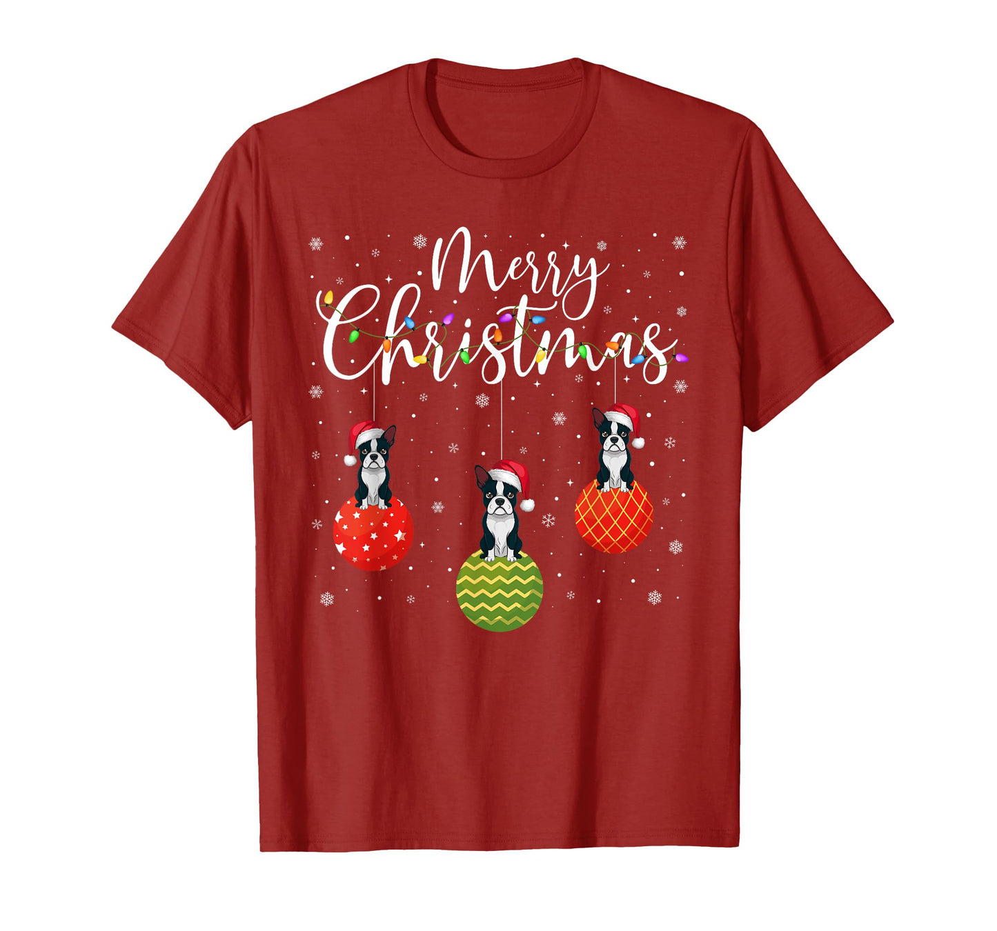 Merry Christmas Lights Santa Hat Boston Terrier Ugly Xmas T-Shirt