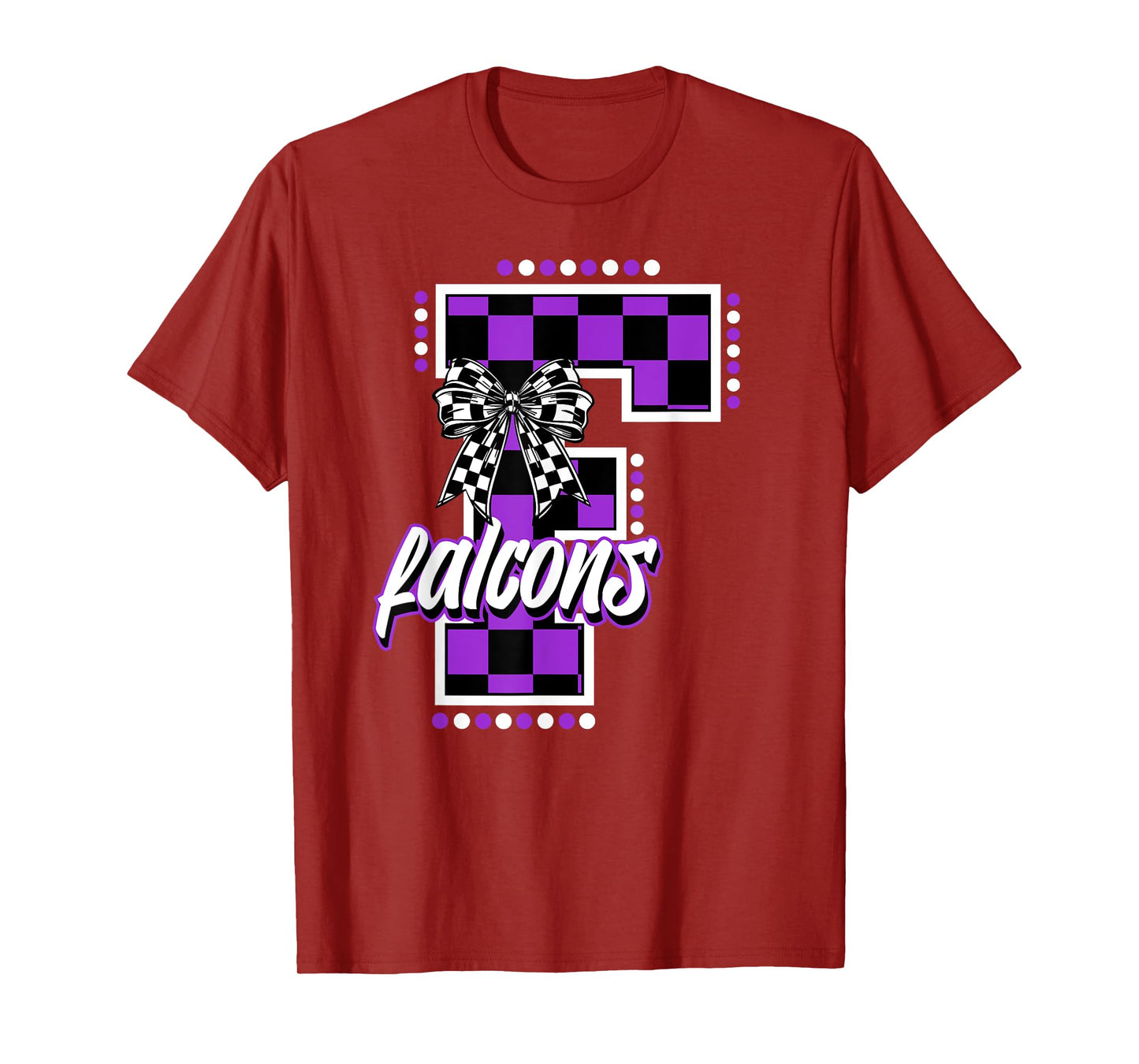 Falcons Checkered Letter School Spirit Mascot Purple Bow T-Shirt