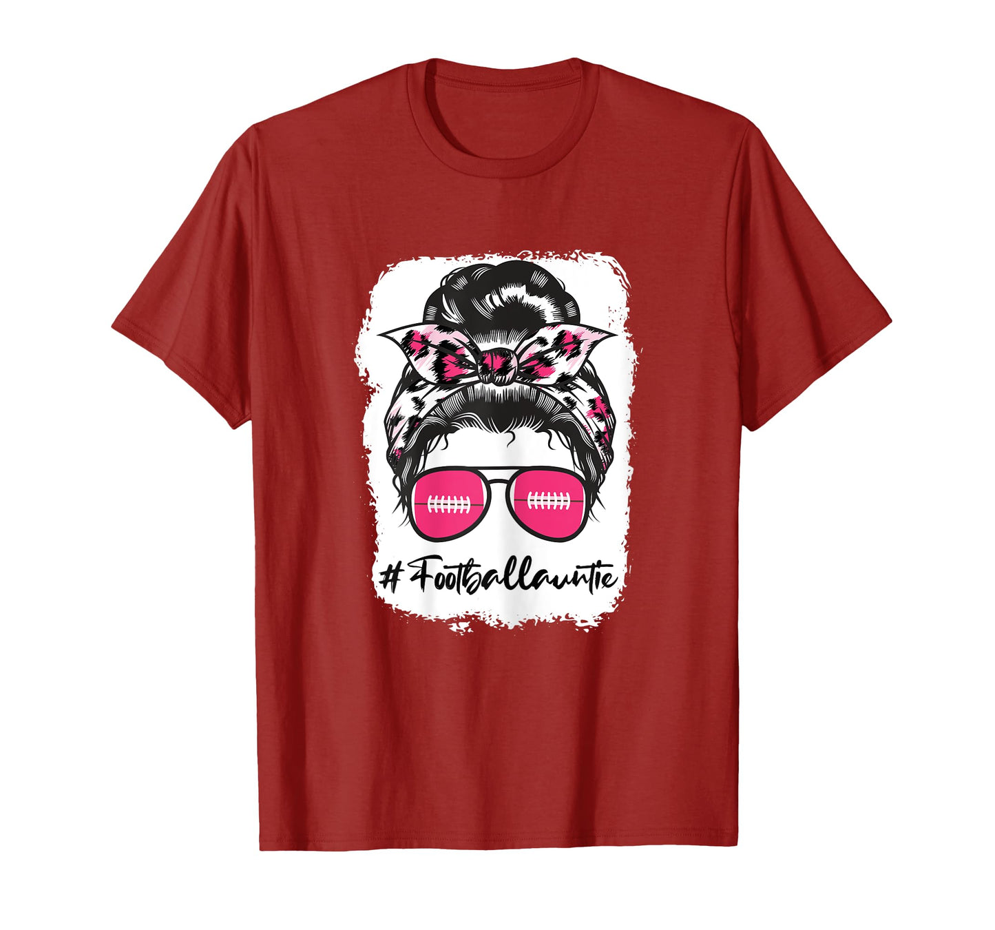 Bleached Football Auntie Pink Leopard Print Messy Bun T-Shirt