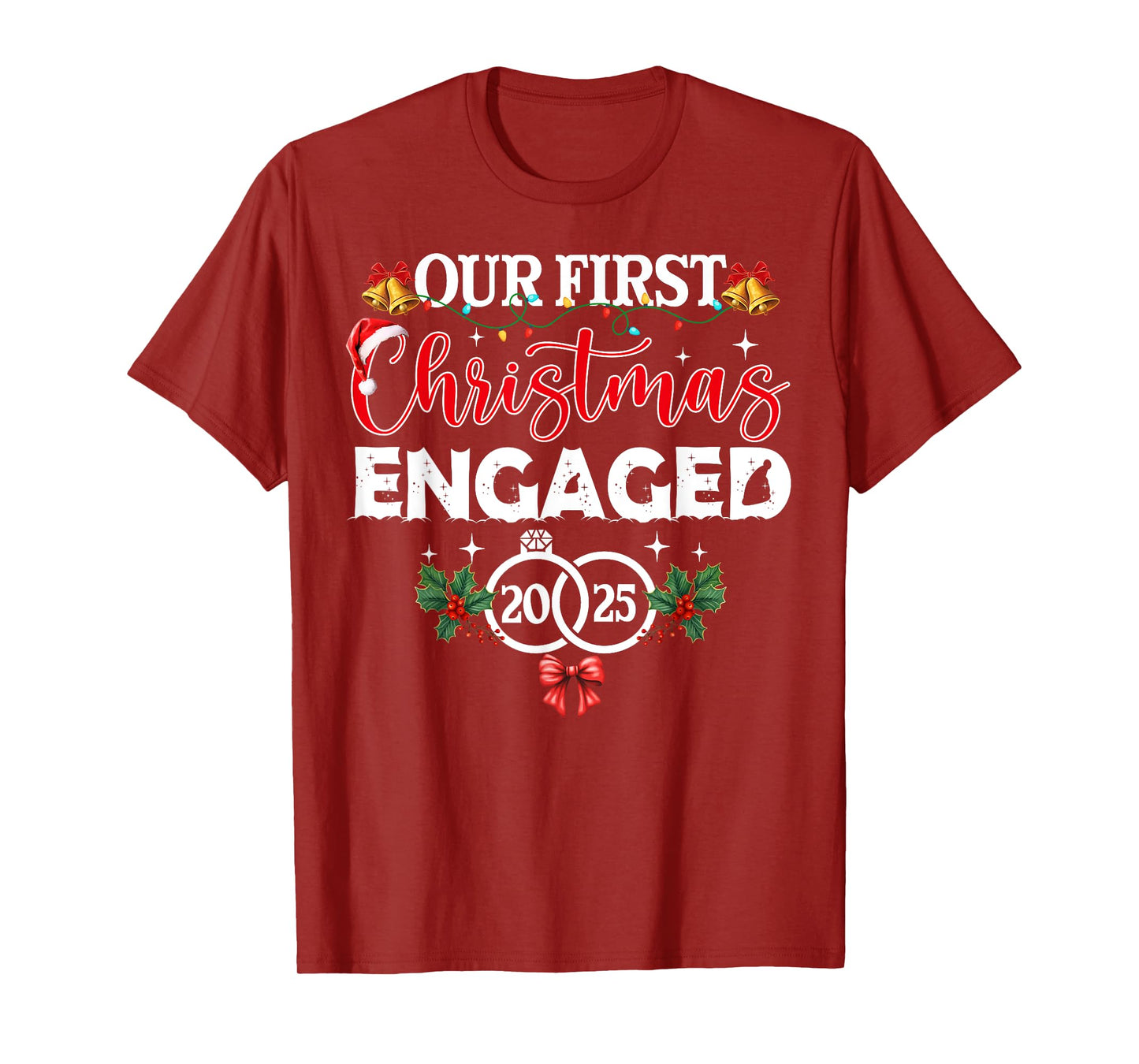 Our First Christmas Engaged 2025 Pajamas Couples Xmas Pajama T-Shirt