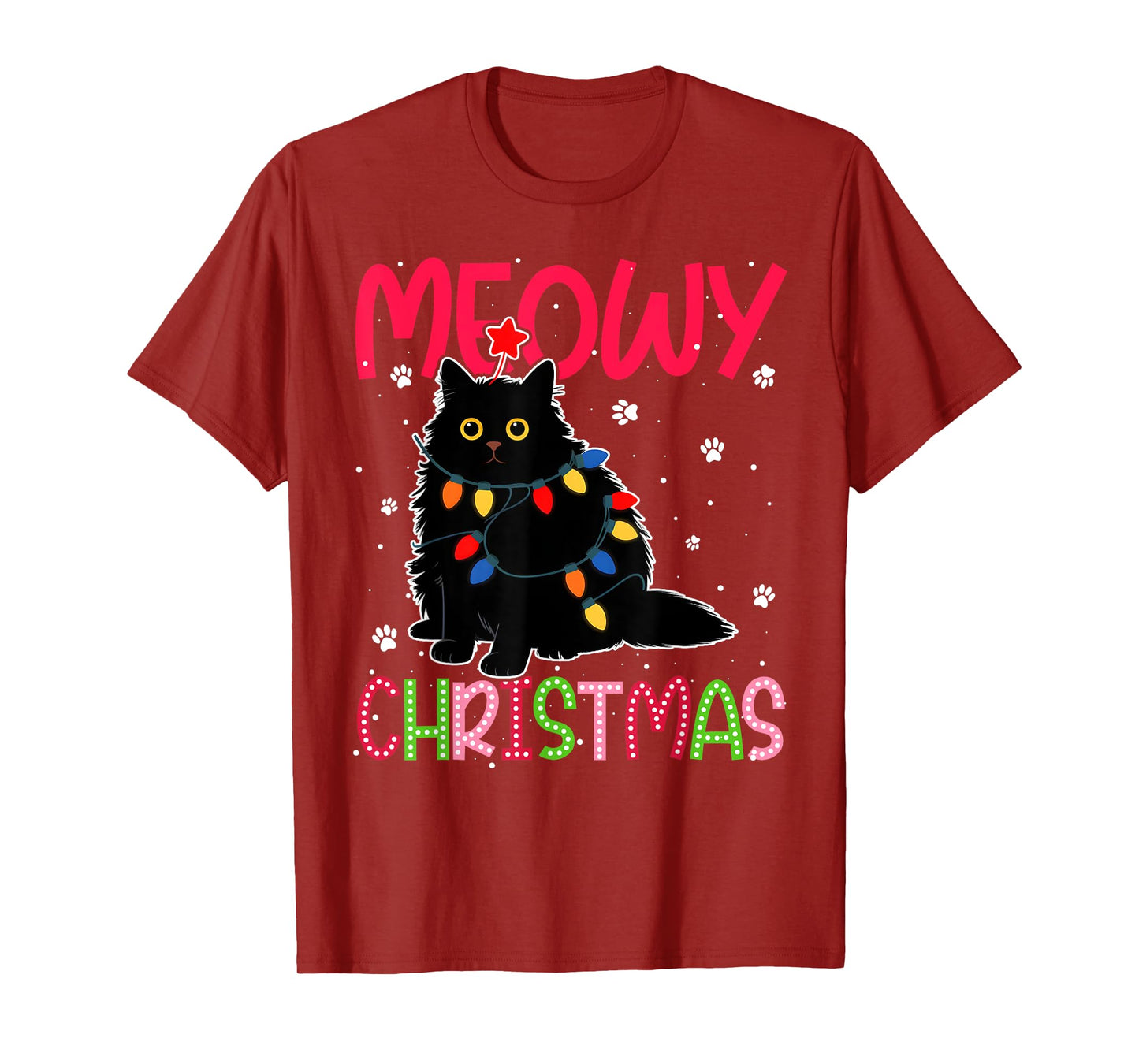 Meowy Christmas Xmas Lights Black Cat Pajamas Family Funny T-Shirt