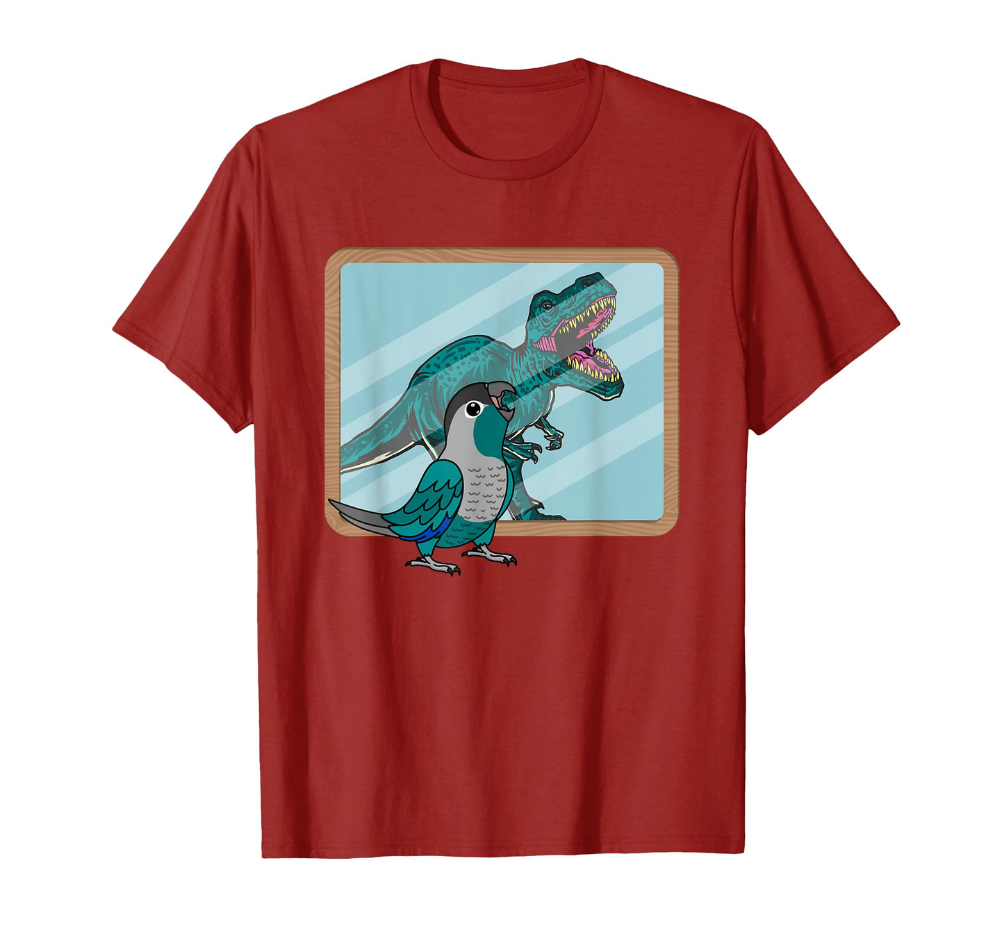 Funny Birds Gifts for Birders and Bird Breeders Parrot & T Rex Reflection I Turquoise Green Cheek Conure T-Shirt