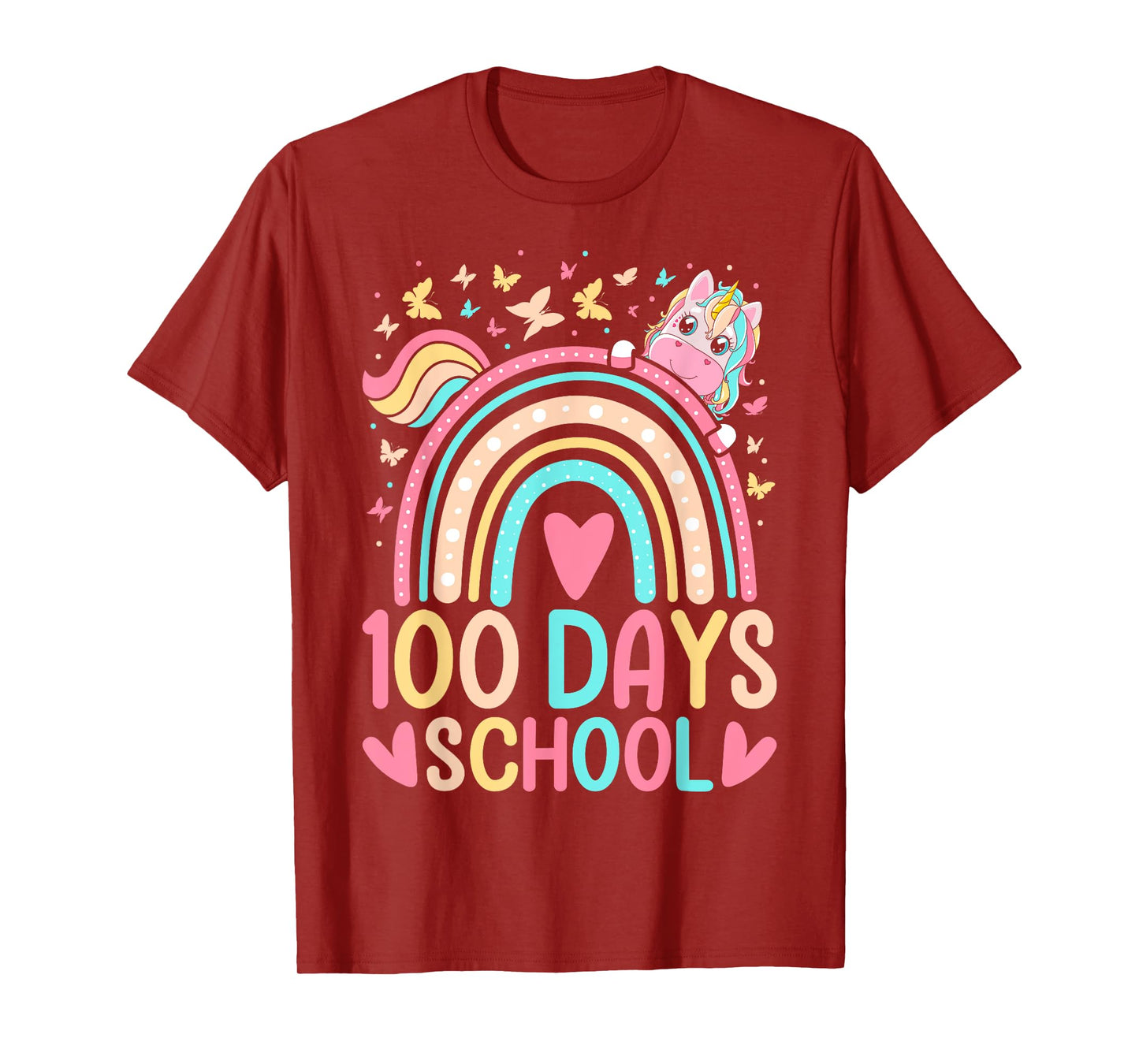 100 Days Of School Unicorn Rainbow Butterfly 100th Day Girls T-Shirt