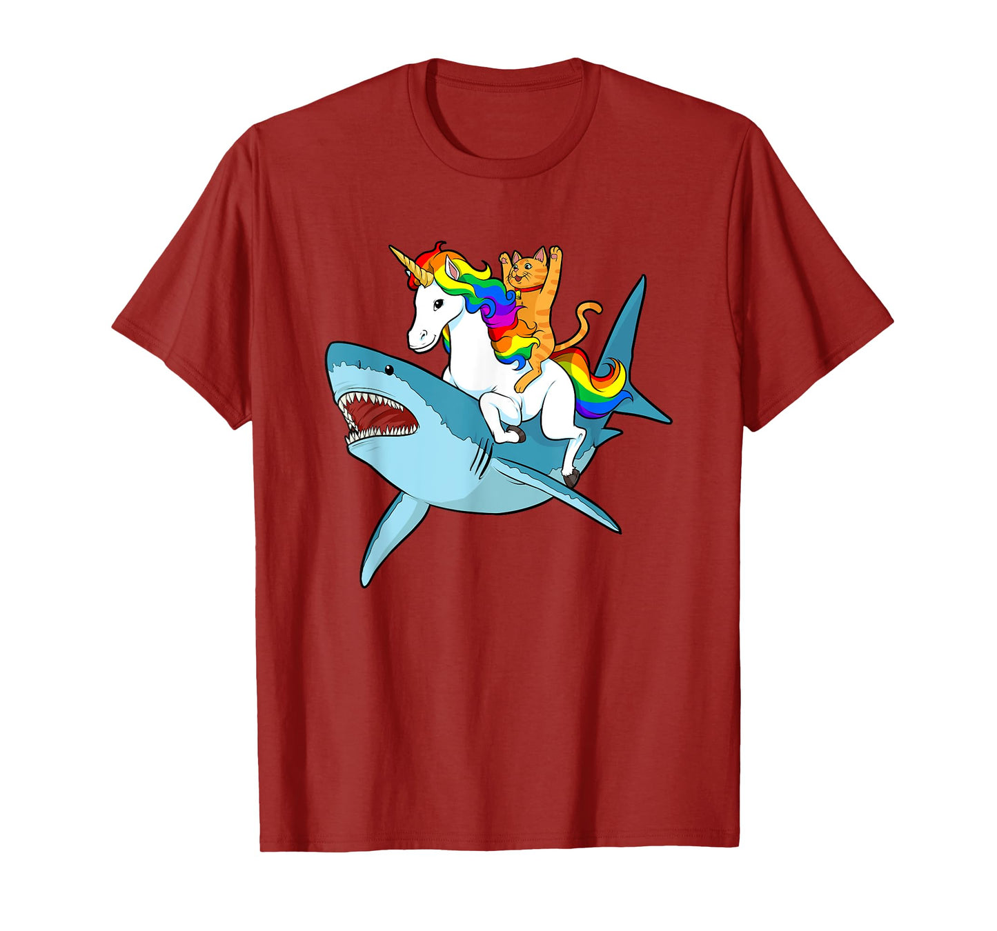 Cat Riding Unicorn Riding Shark Design T-Shirt