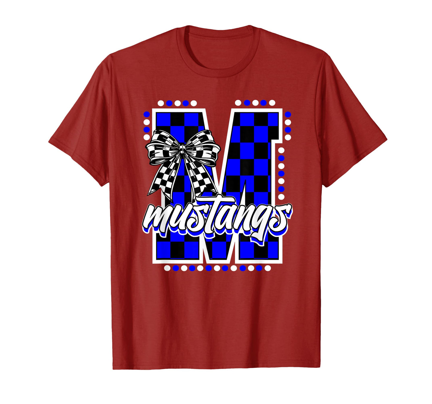 Blue Mustangs Checkered Print Coquette Bow School Mascot T-Shirt