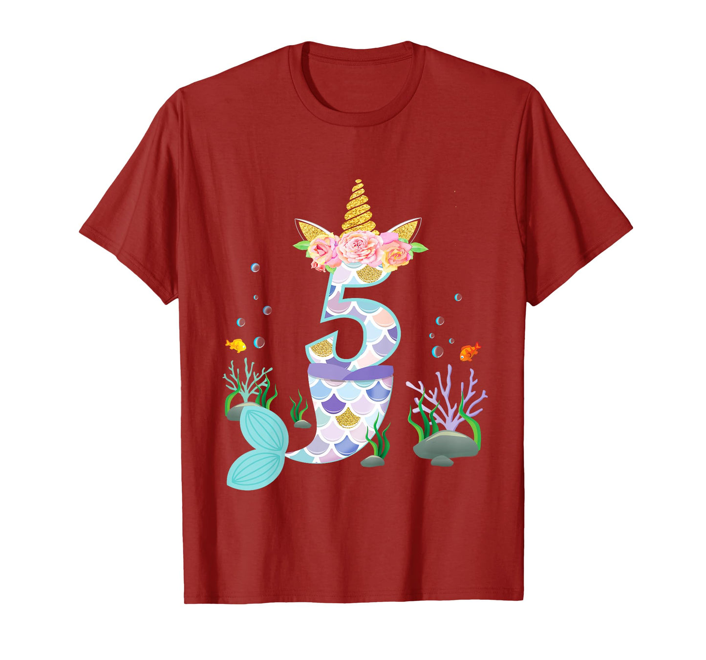 5 Year Old Unicorn Mermaid Birthday Theme Tail Girl 5th Gift T-Shirt