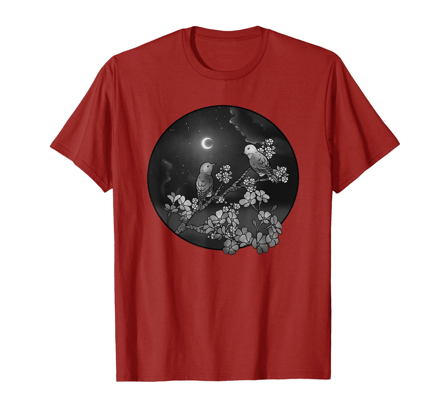 Blossoms Birds on Flowering Tree Starry Sky Crescent Moon T-Shirt