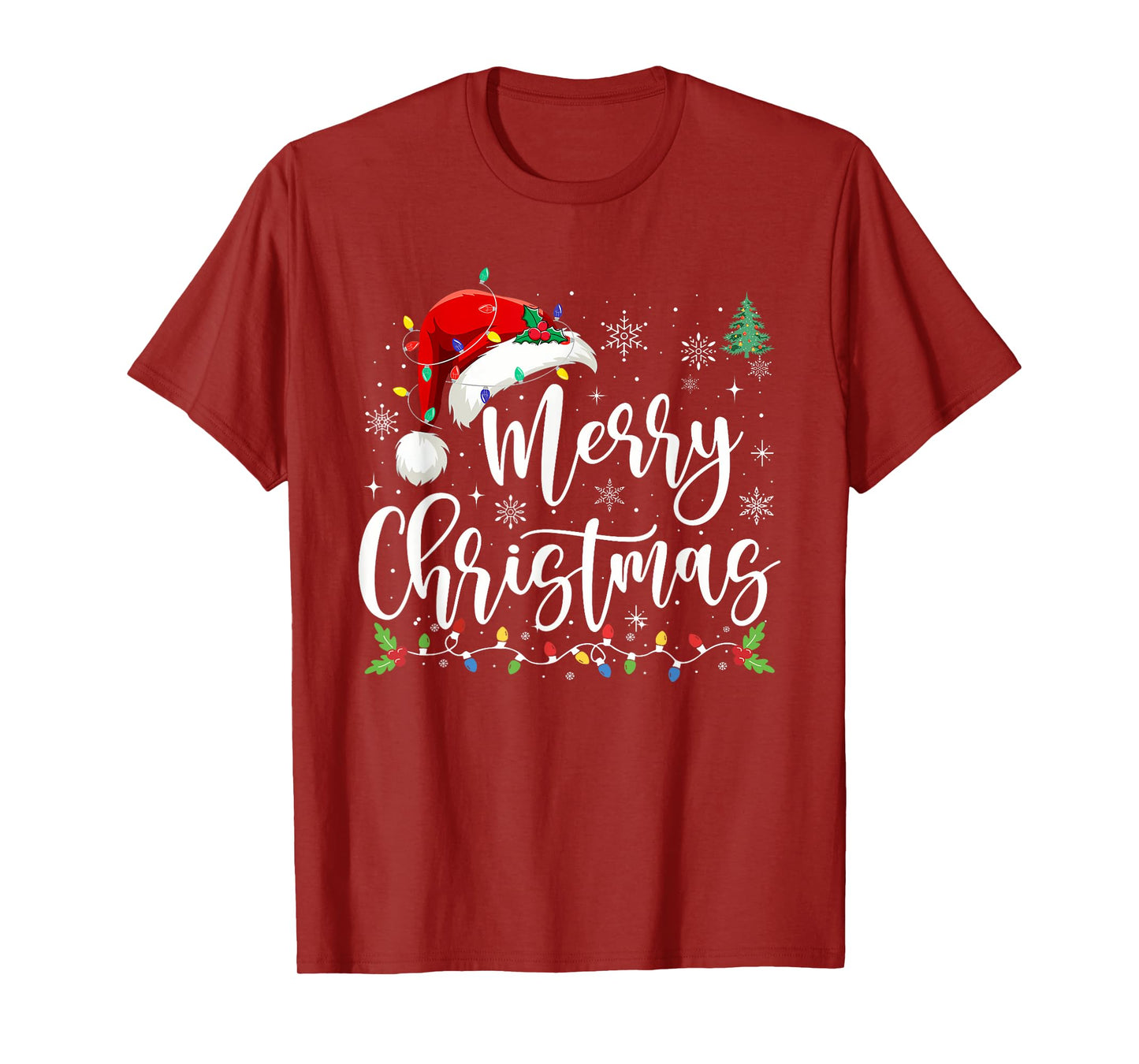 Merry Christmas Lights Red Santa Hat Xmas Family Men Women T-Shirt