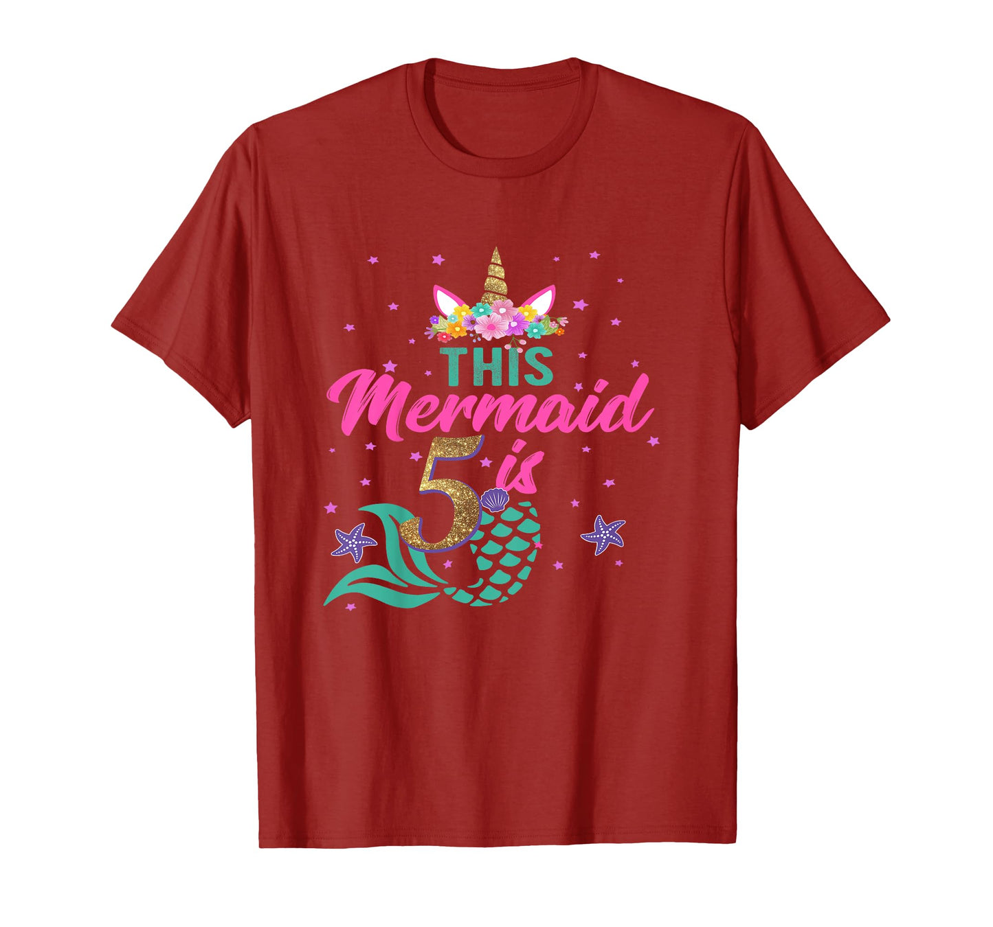 5th Birthday Girl Unicorn Shirt Mermaid Tail 5 Years Old T-Shirt