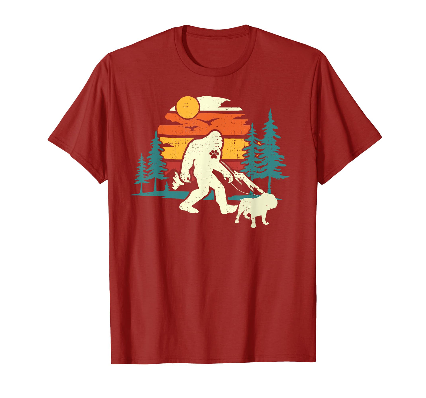 Retro Bigfoot Walking English Bulldog Dog Walker Sasquatch Men Women Girls Kids T-Shirt