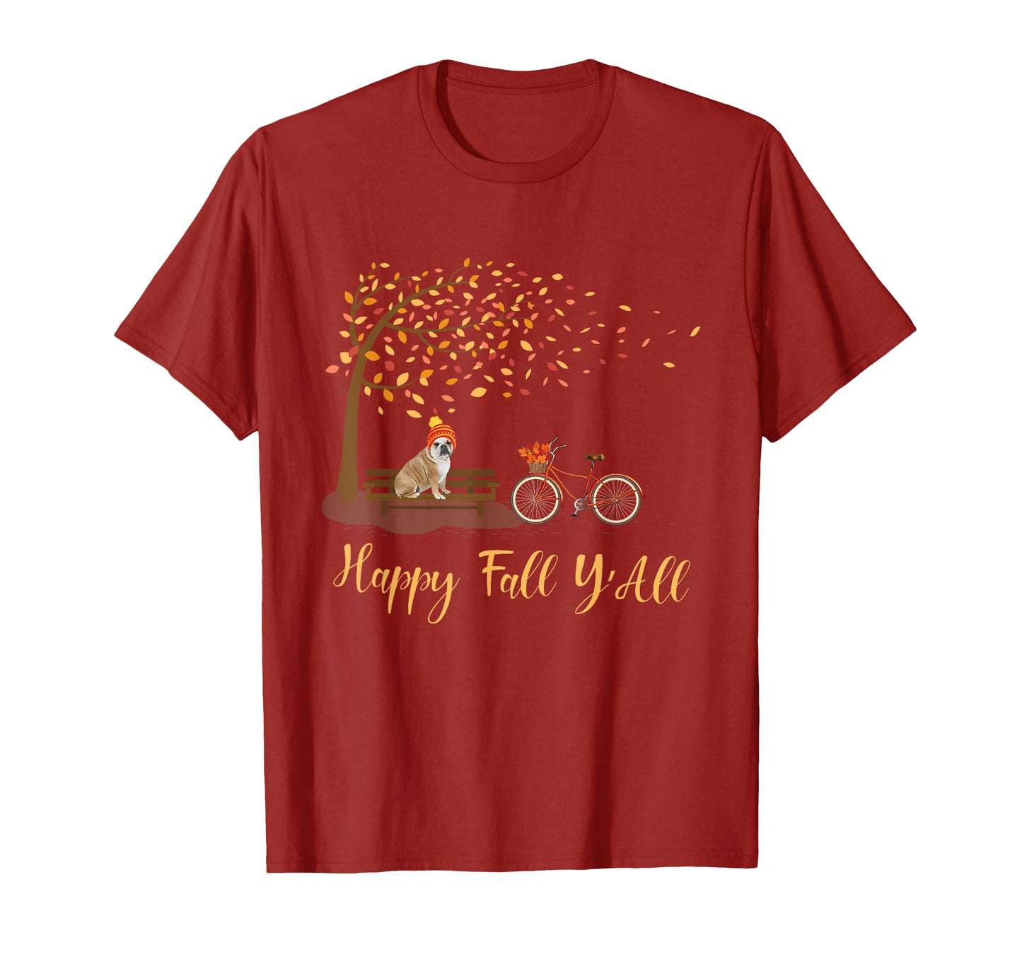 Happy Fall Y'All Funny English Bulldog Autumn Season Bicycle T-Shirt for Men Women Kids