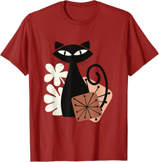 Midcentury Mid Century Cat Retro Atomic Age Modern Floral T-Shirt