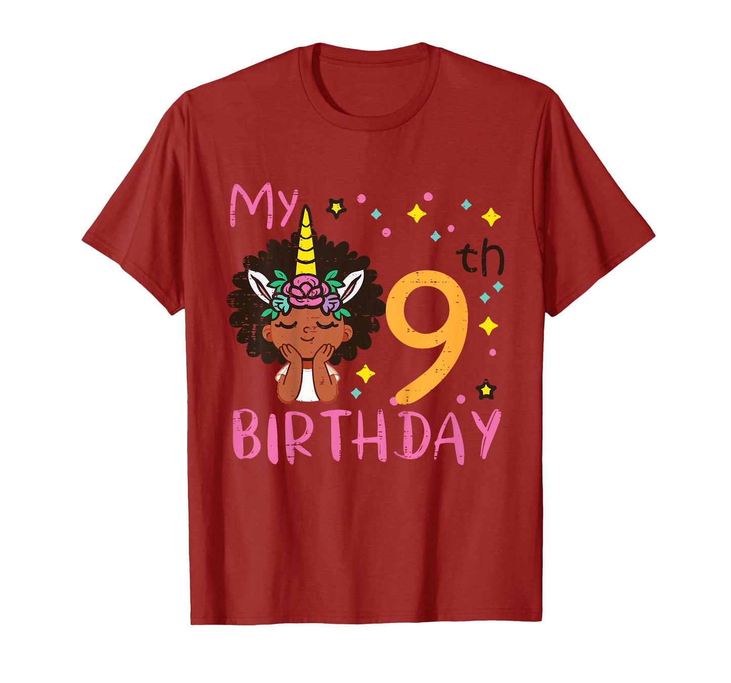 9th Birthday Afro Black Girl Unicorn 9 Year Old Bday Girls T-Shirt