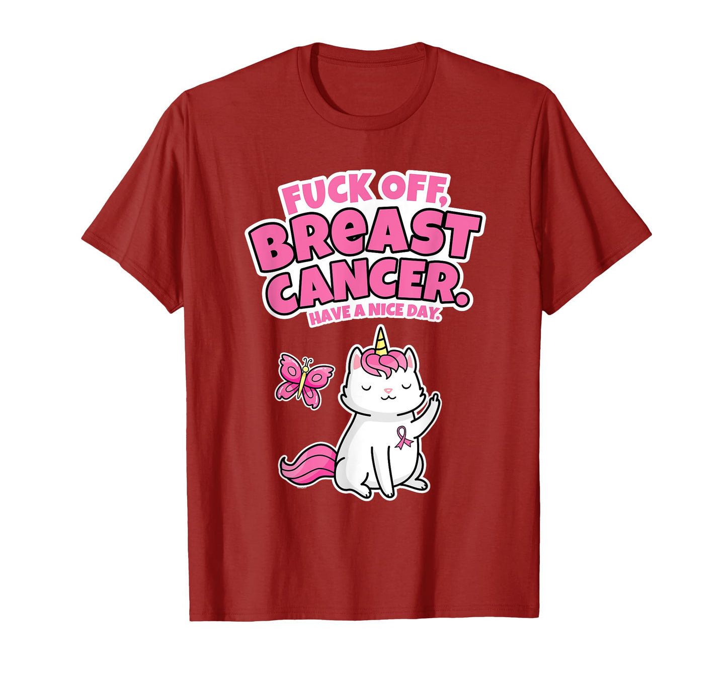 Fuck Off Breast Cancer Unicorn-Cat Butterfly Funny Quote T-Shirt for Men Women