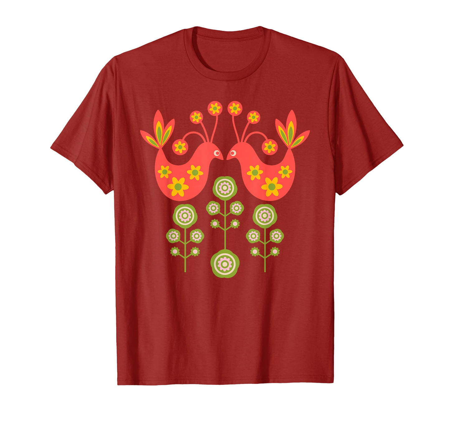 LOVE BIRDS Folk Art Mid-Century Modern Scandi Floral Flowers T-Shirt