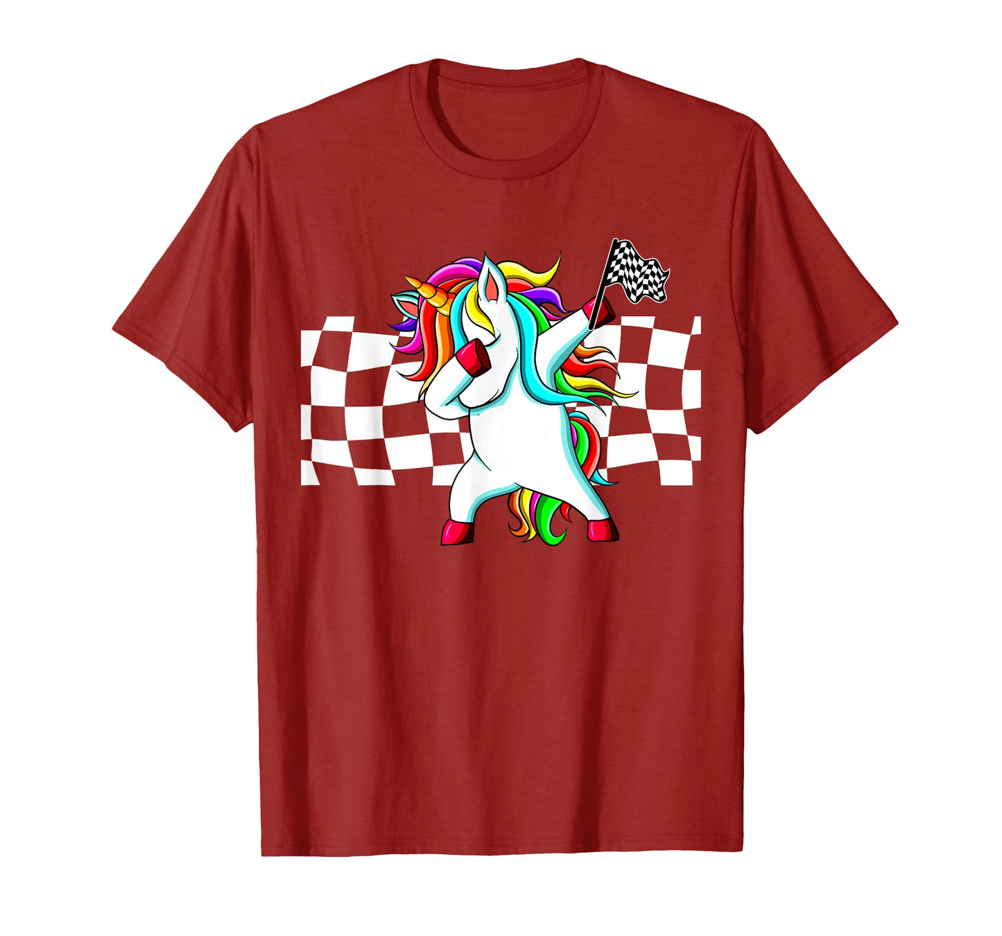 Racecar Racing Checker Flag Dabbing Unicorn Graphic T-Shirt