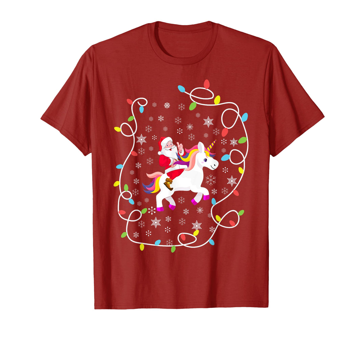 Santa Riding Unicorn Christmas Lights Merry Christmas Tree T-Shirt