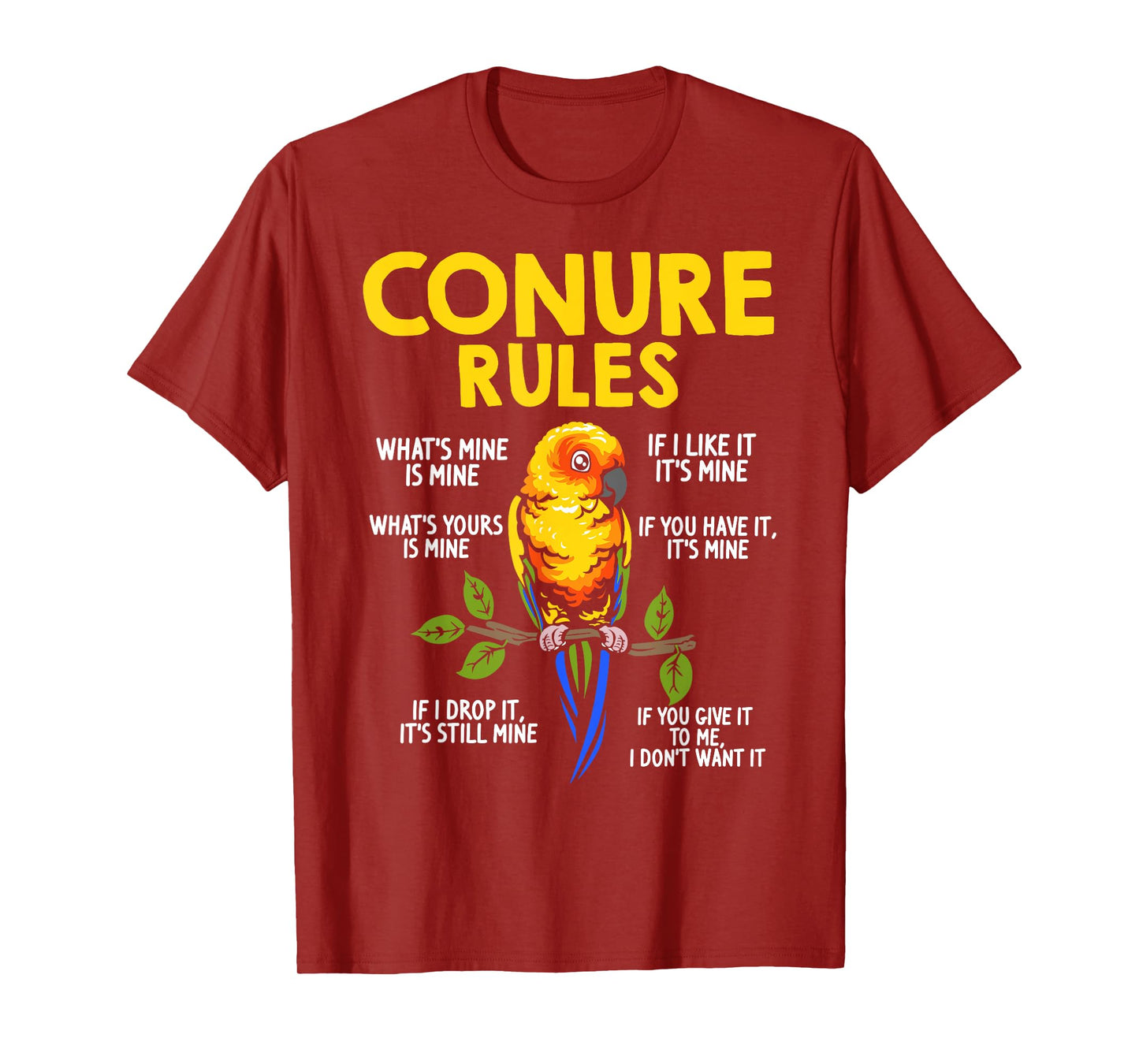 Conure Rules Sun Conure Bird Lover Parrot Design Black T-Shirt for Men & Sun Conure Owners, Small, Short Sleeve, Mandarin Collar, Tropical, Cotton 65% Polyester 35%