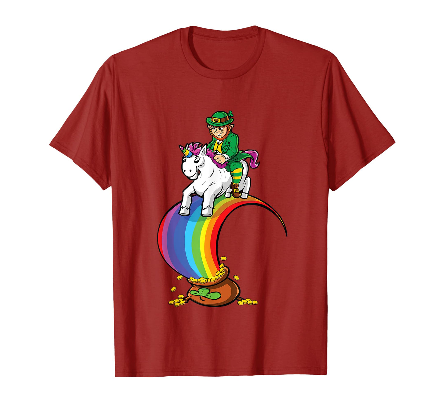Leprechaun Riding Unicorn Over Rainbow & Pot of Gold T-Shirt