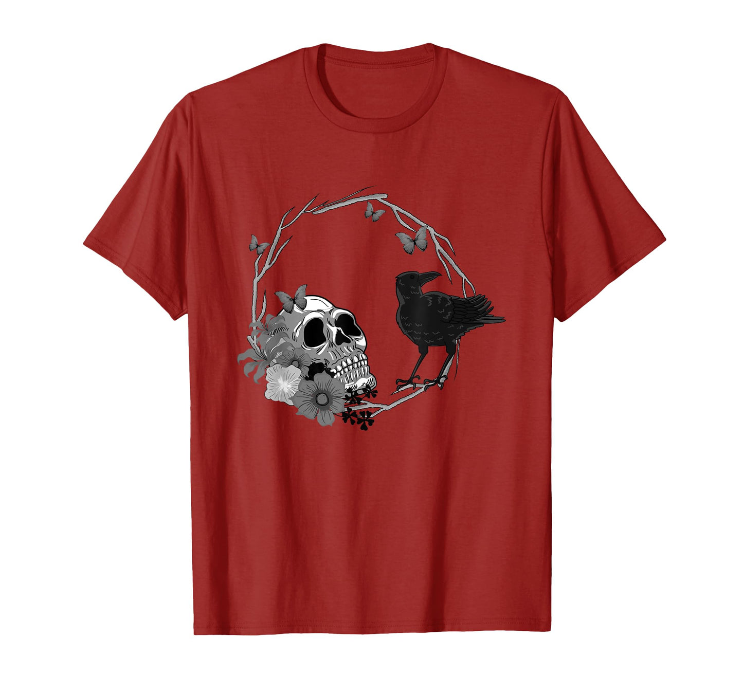 Floral Skull Death Crow Cool Scary Halloween Gothic Theme T-Shirt