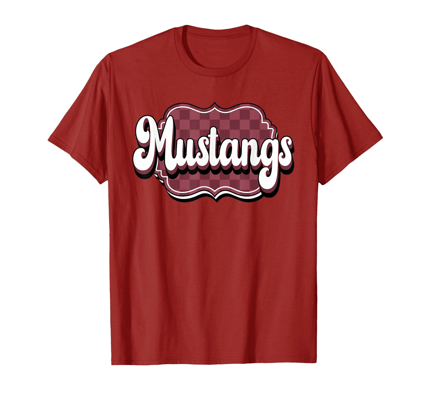 Mustangs Checkered Retro Maroon Mustang Pride School Spirit T-Shirt