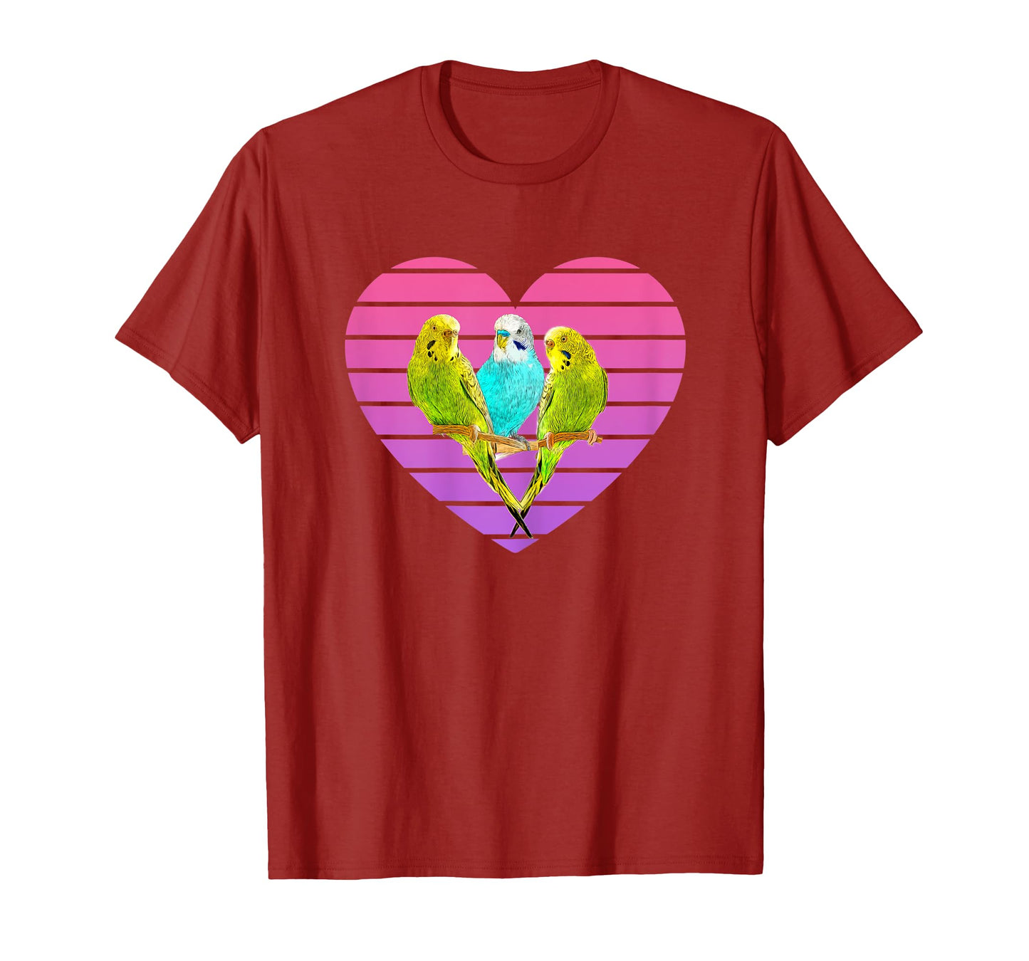 Three Parakeets Inside a Retro Sunset Style Heart T-Shirt