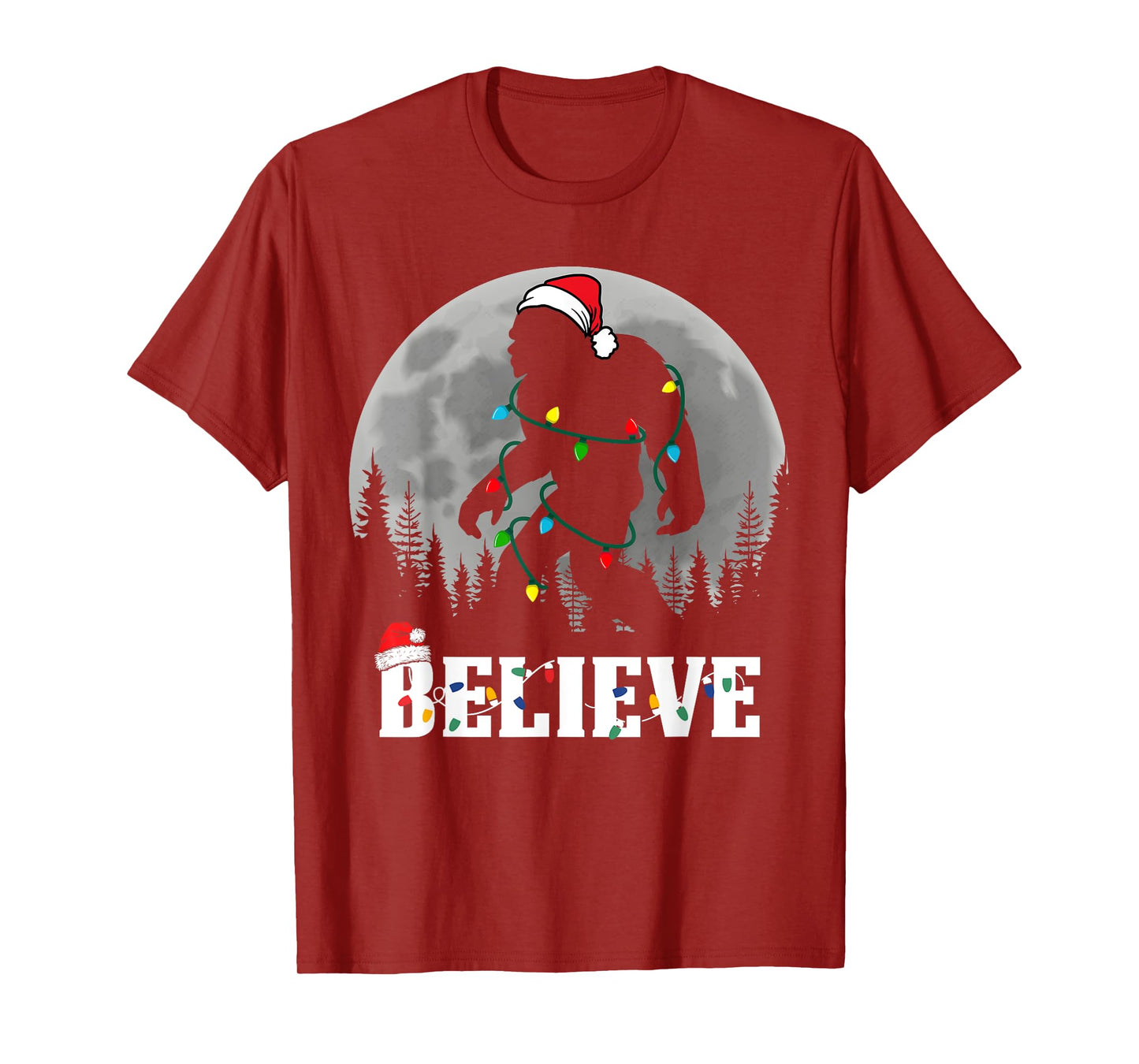 Santa Bigfoot Christmas Lights Funny Sasquatch Believe Xmas T-Shirt