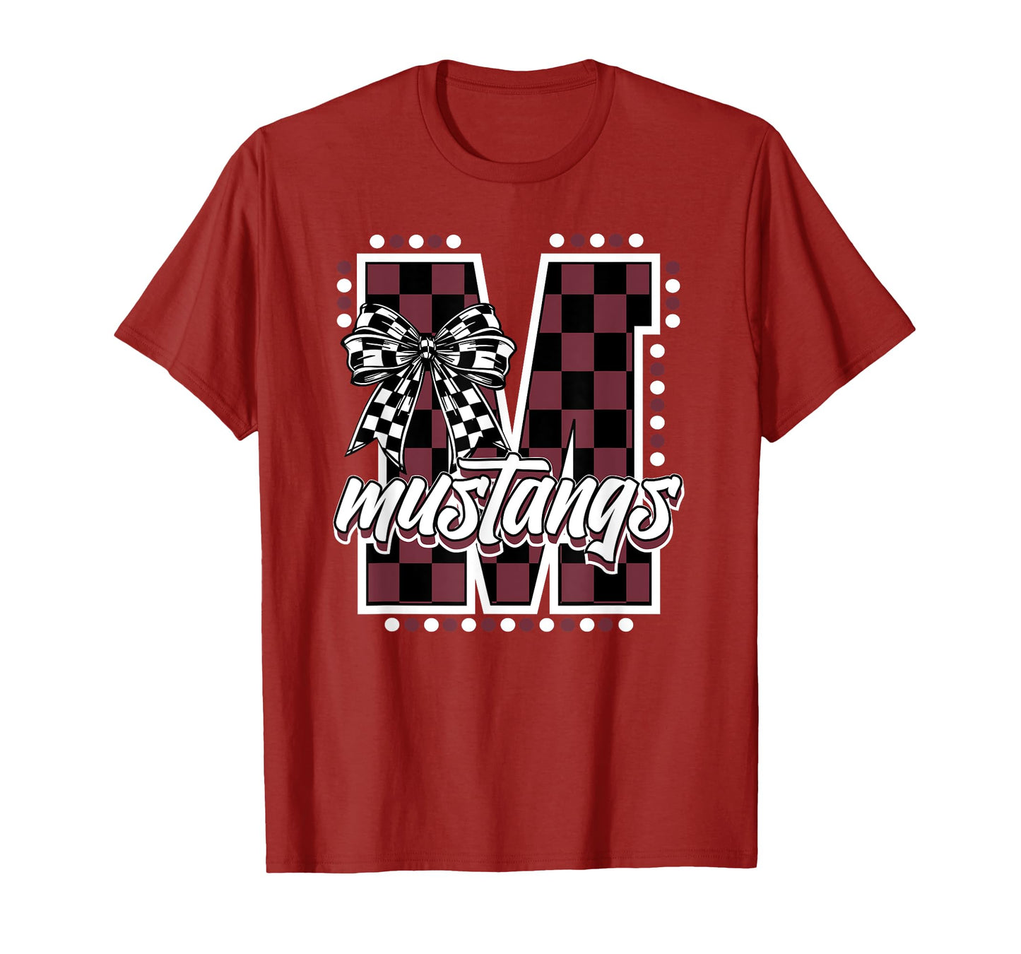 Mustangs Maroon Checkered Print Mustang Pride School Spirit T-Shirt