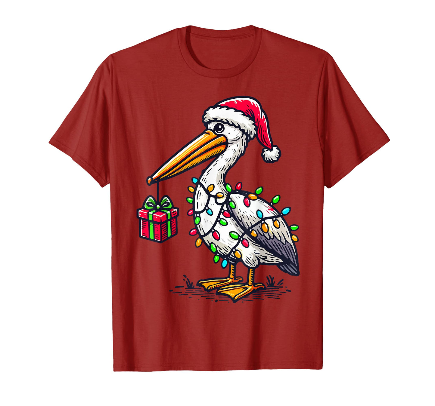 Pelican Bird Wearing Santa Hat, Holding A Present Box Xmas T-Shirt