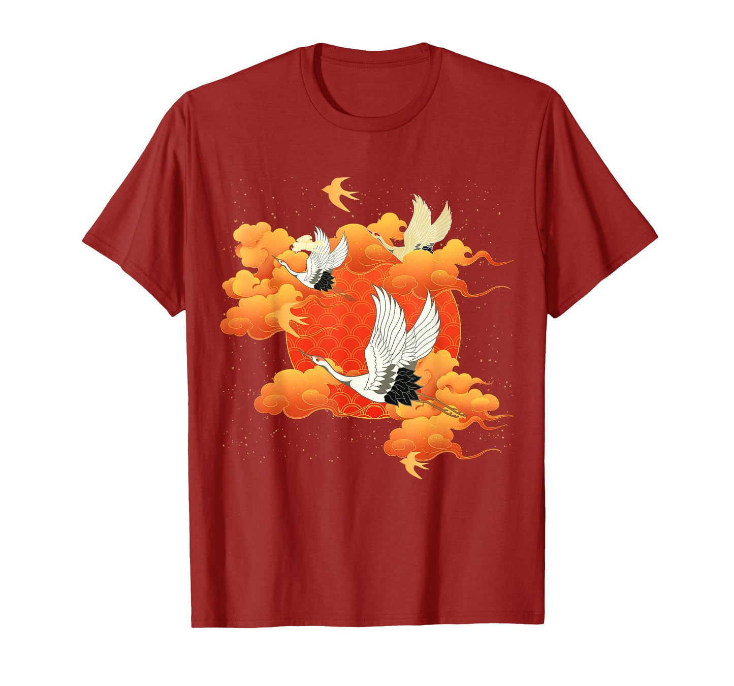 Flying Crane Bird Red Clouds and Sun Japanese Chinese Art T-Shirt