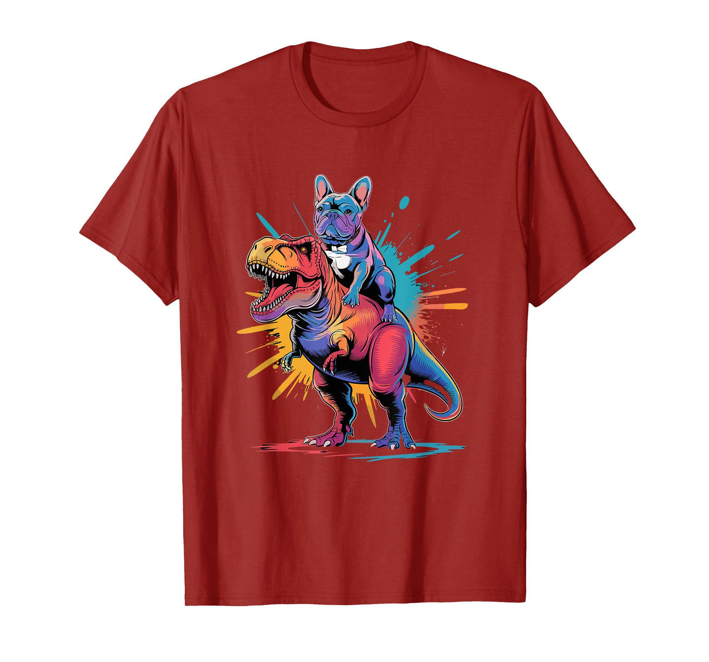 French Bulldog Riding Dinosaur Art Fun T-Shirt