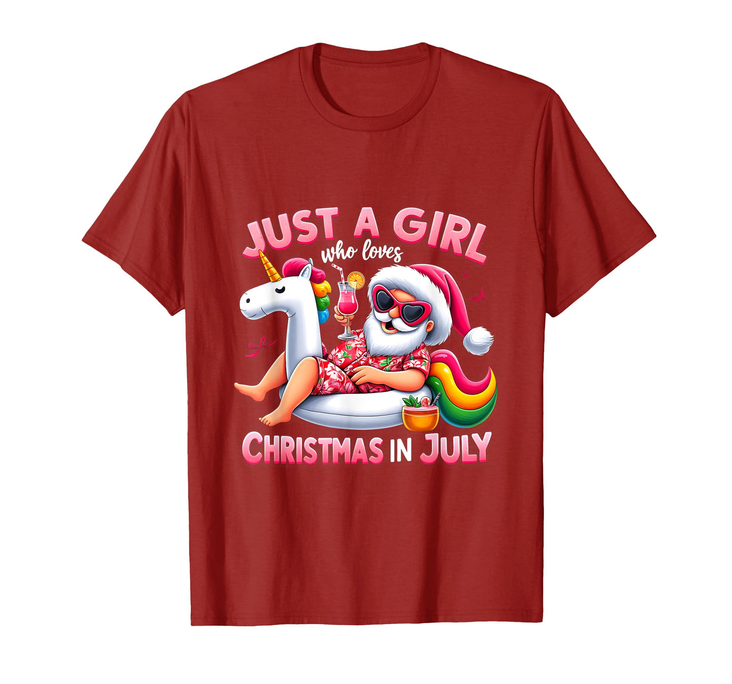 Just A Girl Who Loves Christmas in July Funny Santa Unicorn T-Shirt