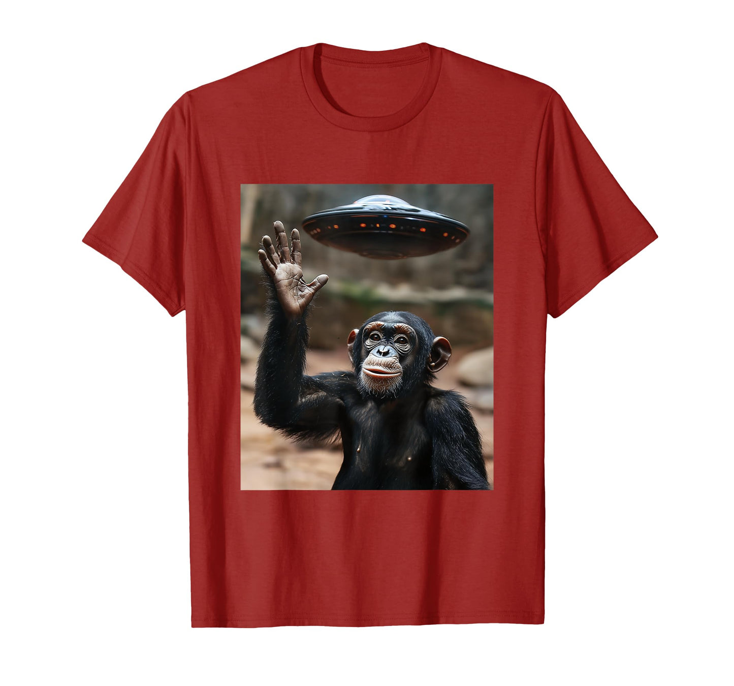 Chimpanzee Monkey Selfie with UFOs Aliens Funny Graphic T-Shirt