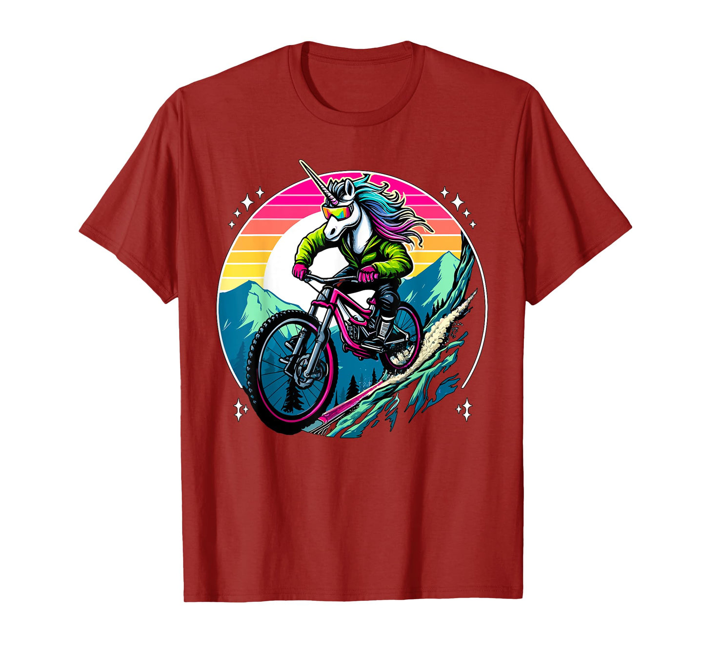 Unicorn Mountain Bike Adventure Fantasy Colorful Sunset T-Shirt